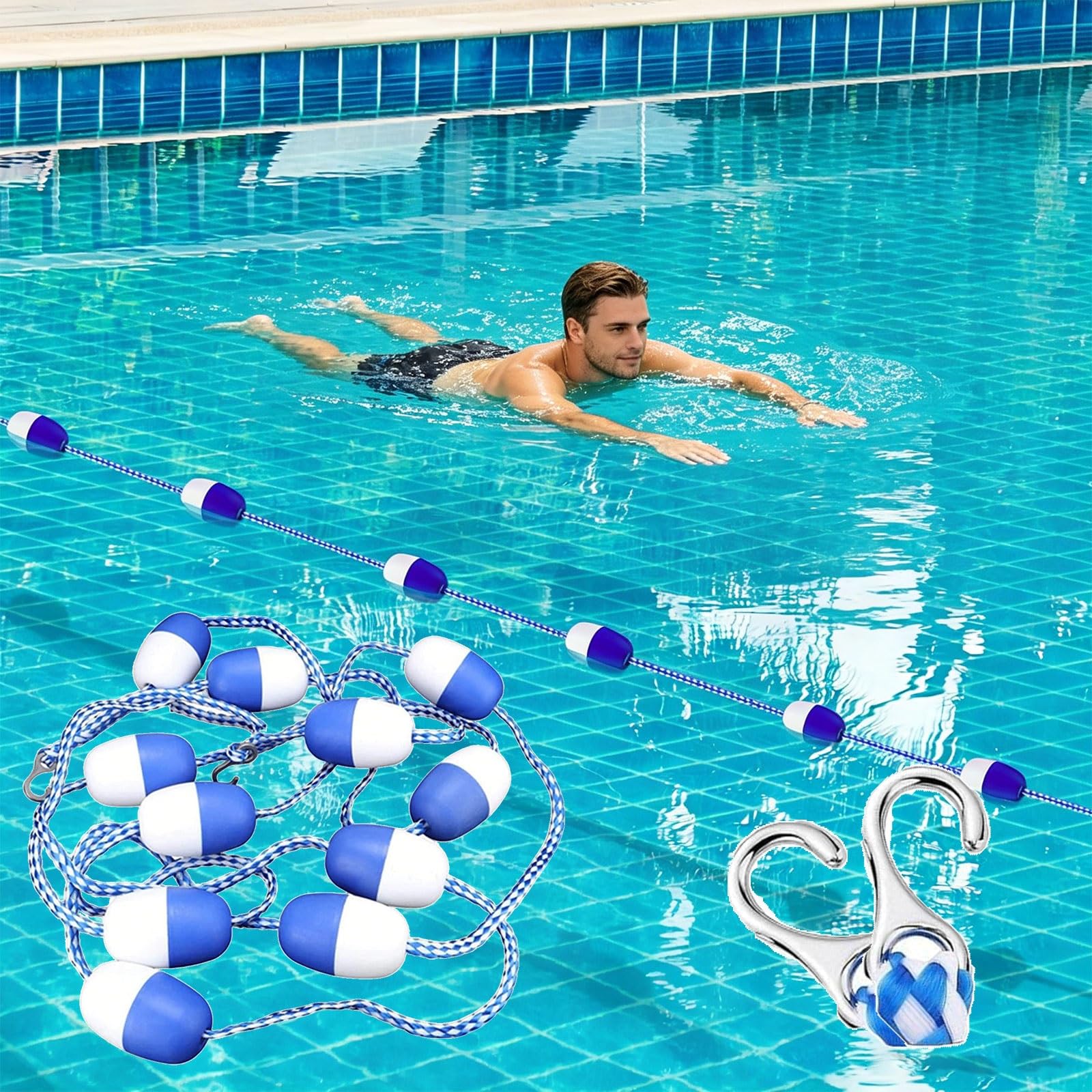MESOVFCA Floating Pool Safety Rope 18ft/5.5m，Effective Visibility Floating Rope Divider Barrier with 2 Pre-Assembled Hooks, Pools Separator Ropes with Buoy