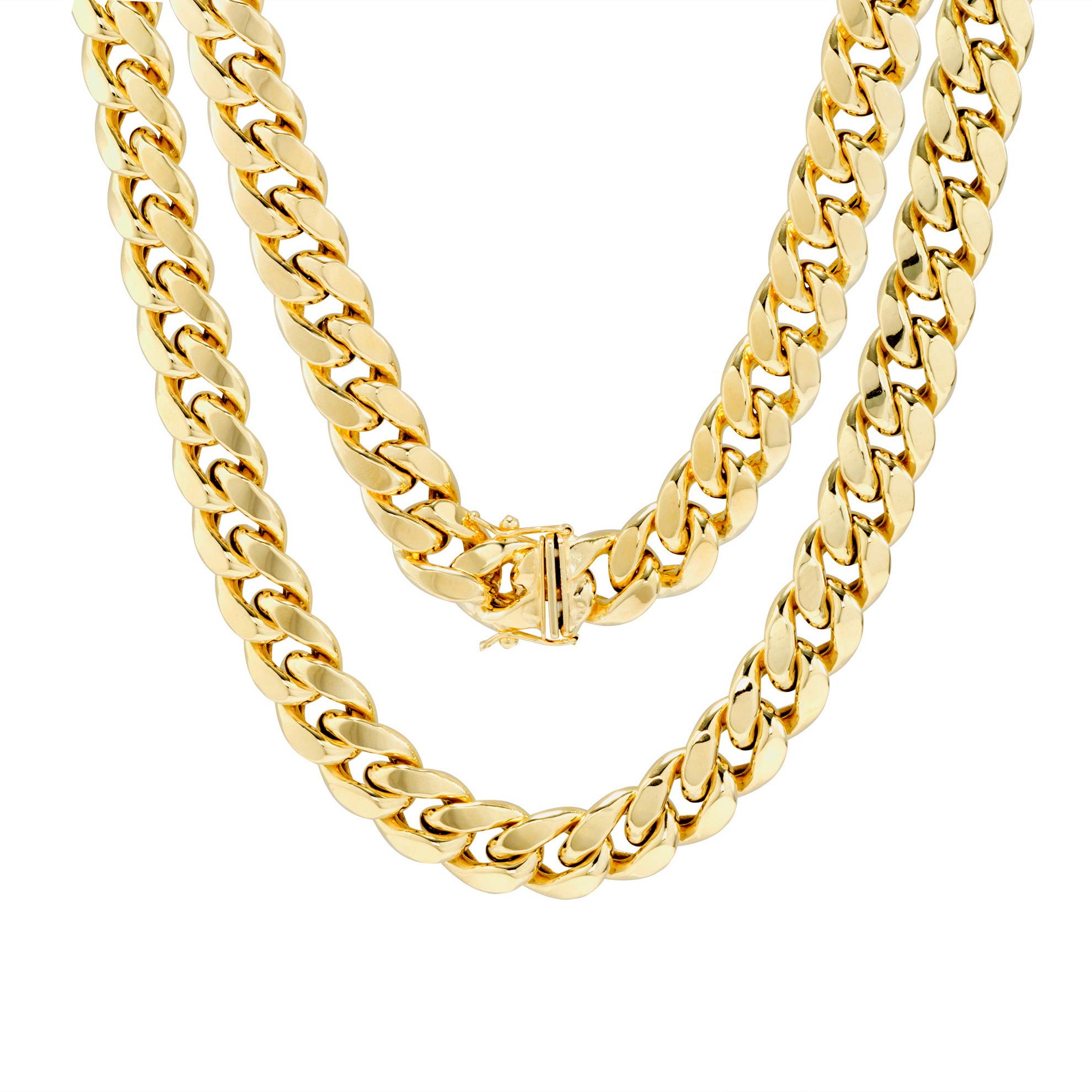 14k Yellow Gold 11mm Miami Cuban Link Chain Necklace, Mens Wide Jewelry Box Clasp 24" 26" 28" 30"