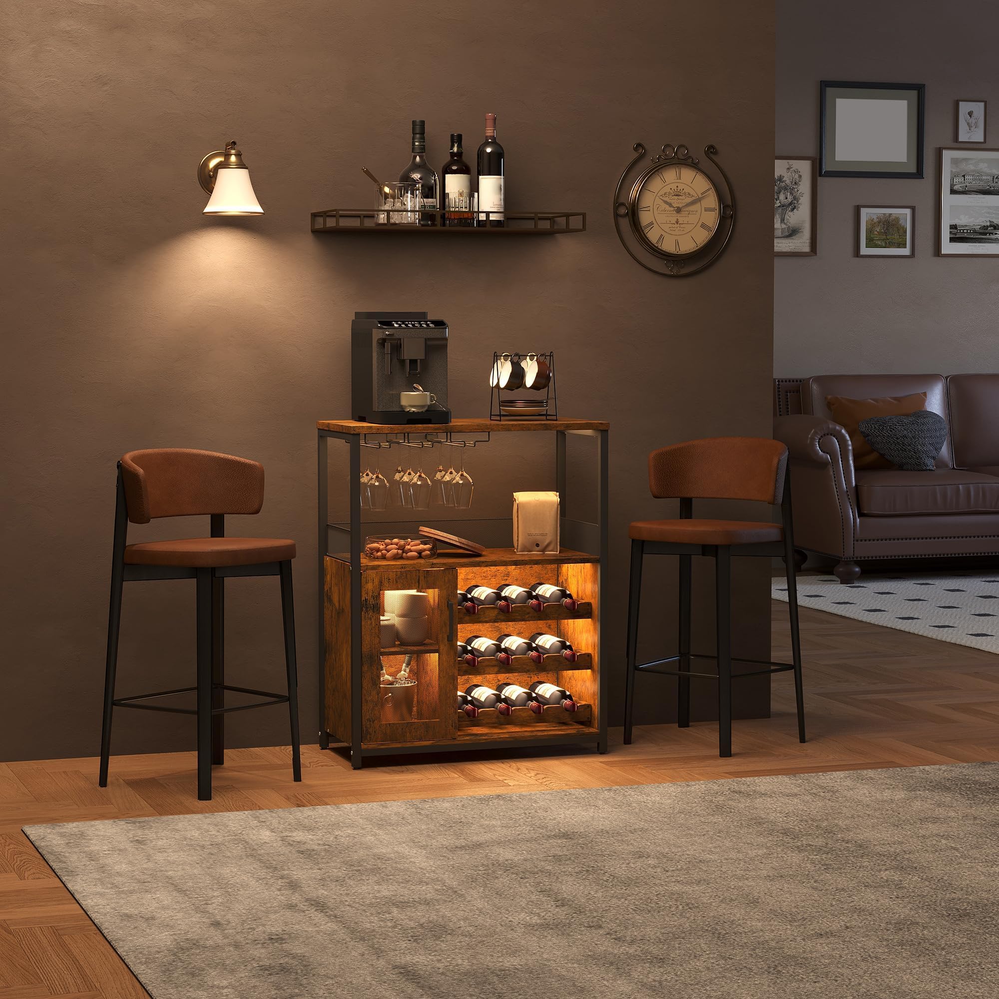 Litake Industrial Weinschrank und verstellbaren Einlegeböden, Kaffeebar-Schrank mit Gittertür und Lamellendesign, 91cm hoher Kleiner Bar-Schrank für zu Hause Küche Esszimmer Vintage Farbe