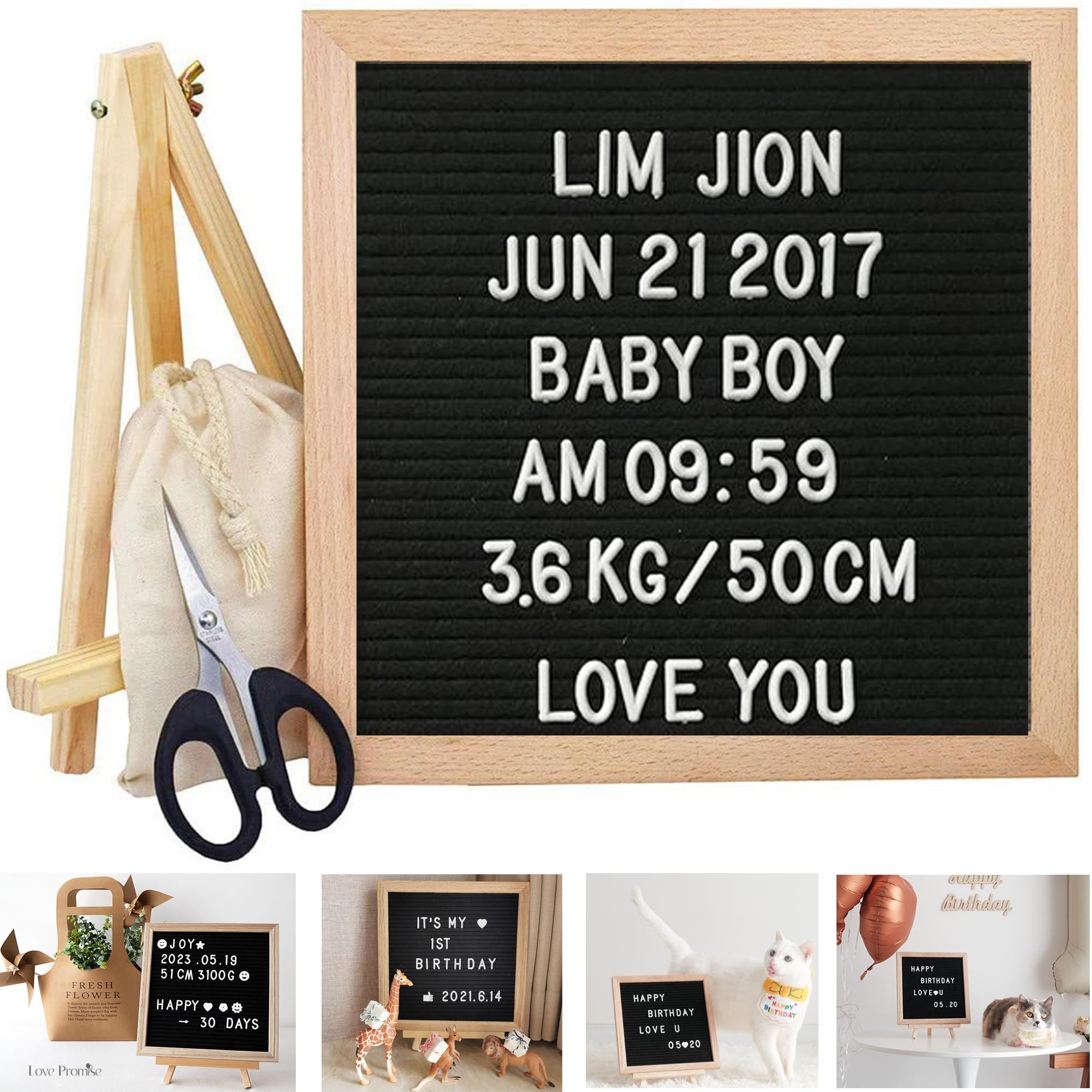 Tablero de Letras de Fieltro Vintage 25x25 cm con 510 Letras, Marco de Madera, Negro