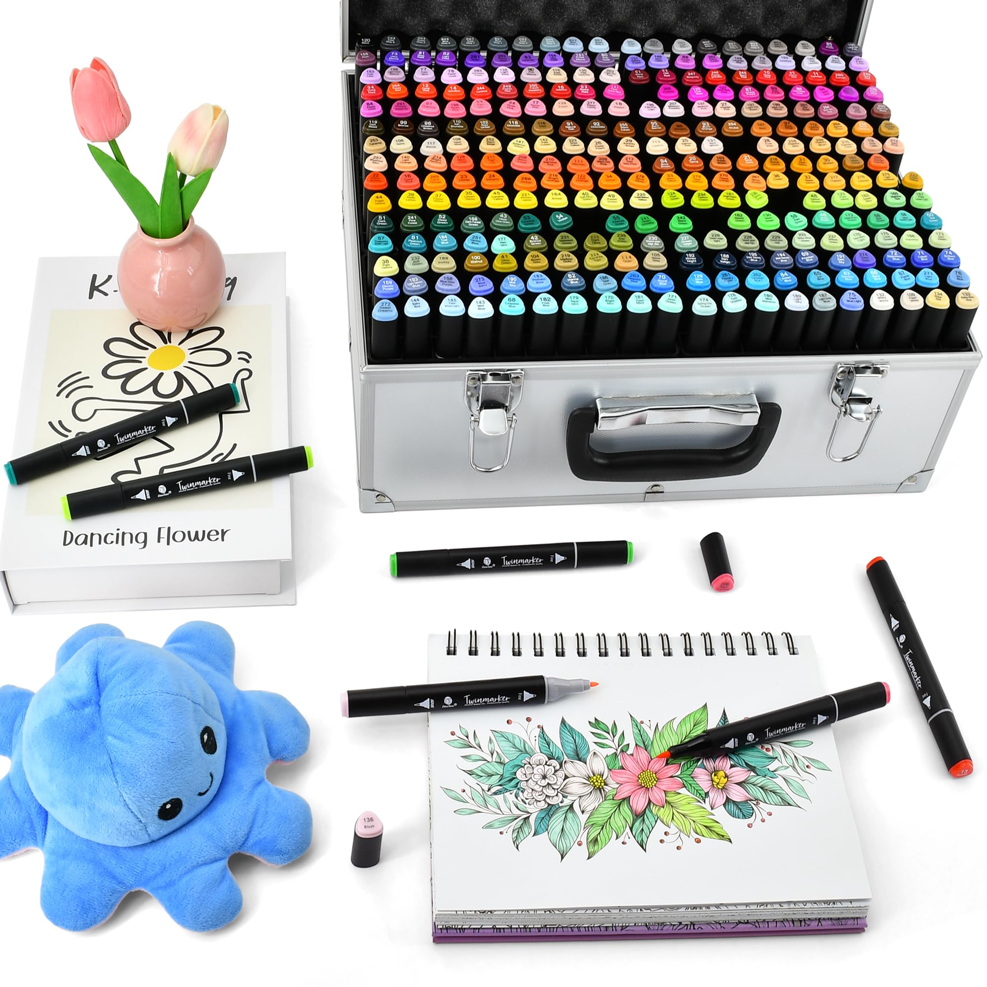 Decotime Twin Alkohol-Marker-Set & stapelbare Ablage & Etui Aufbewahrung – 300 feine und Pinselstifte auf Alkoholbasis – farbige Marker für Erwachsene, Kinder, professionelle Künstler zum Ausmalen und