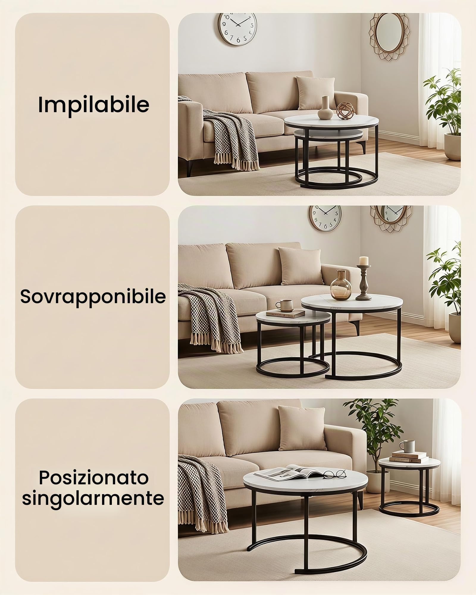 Tavolo Salvaspazio Soggiorno, Tavolino da Salotto Moderno Bianco, Tavolino Salotto Rotondo Bianco con effetto marmo 2 pezzi, Coffee Table