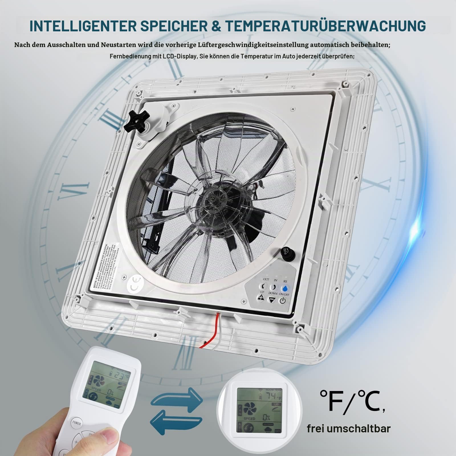 Brolteja Dachventilator für Wohnwagen, 12 V, mit Regensensor, Dachlüftung für Wohnmobile, Öffnungsgröße 40 x 40 cm, Remote-Geschwindigkeiten, reversibel