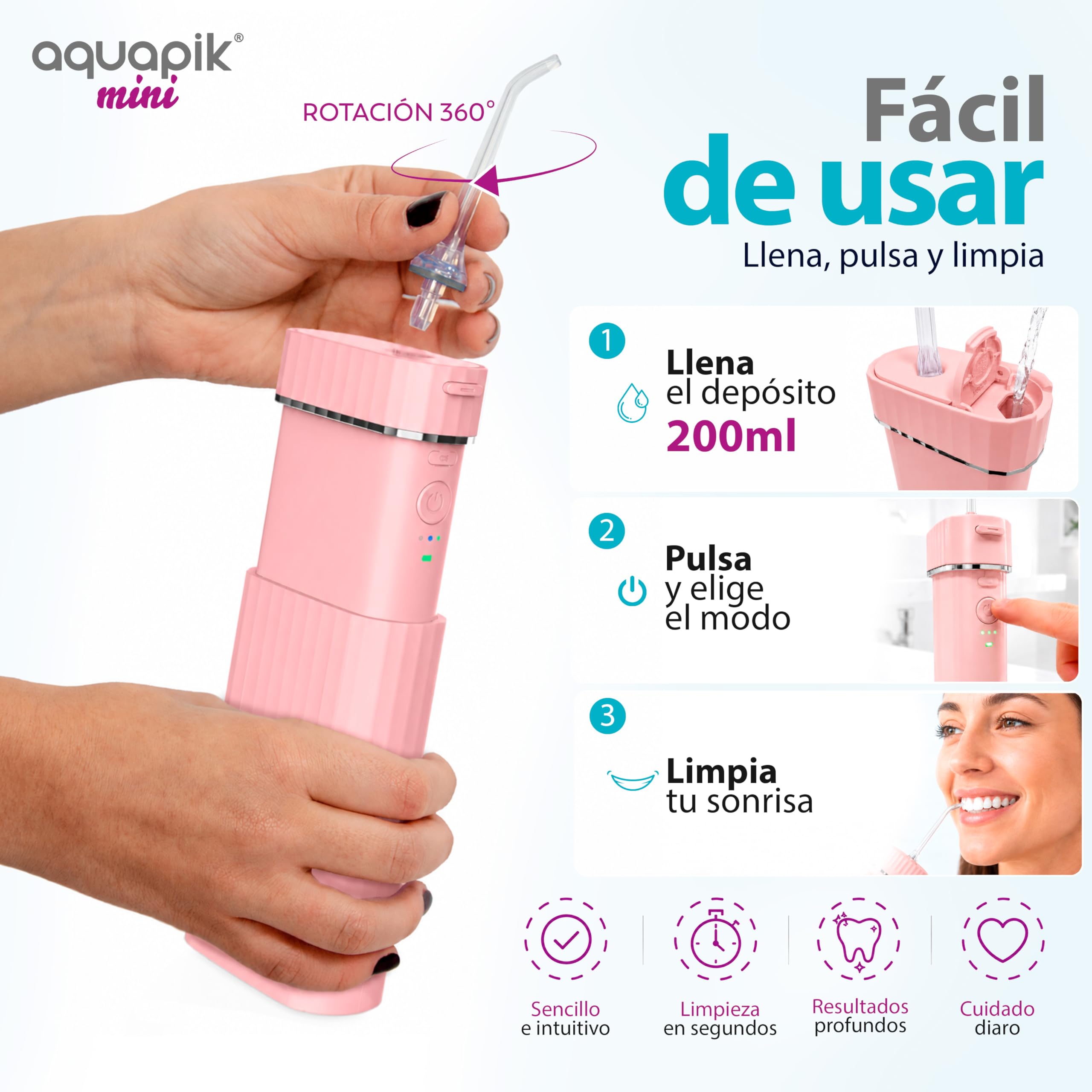 Aquapik® Mini Irrigador dental portátil 200 ml con tanque telescópico recargable USB tipo C, 3 modos de presión impermeable IPX8, fácil de llevar ideal para viajes y oficina, limpieza dental profunda.