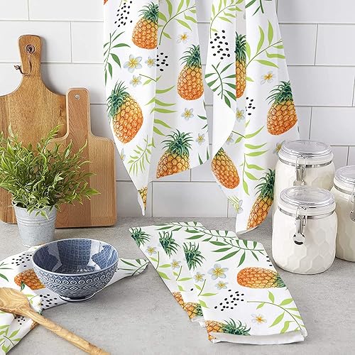 Miniatura 3 de Paquete de 2 toallas de cocina y paños de cocina, plantas y piña plumeria de 18 x 28 pulgadas, toallas de mano absorbentes de secado rápido para