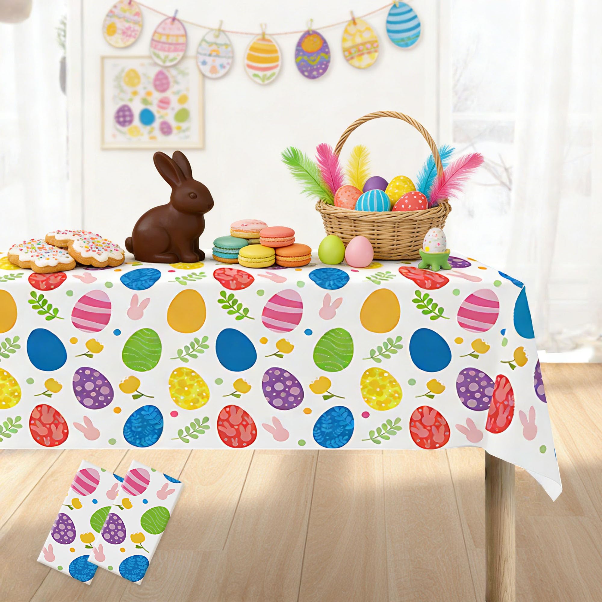 Easter Egg Plastic Waterproof Tablecloth: 137×274CM Multicolor Easter Egg Bunny Table Cover Spring Floral Wipe Clean Rectangle Table Cloth Decorations for Spring Themed Holiday Party Supplies(2 Pcs)