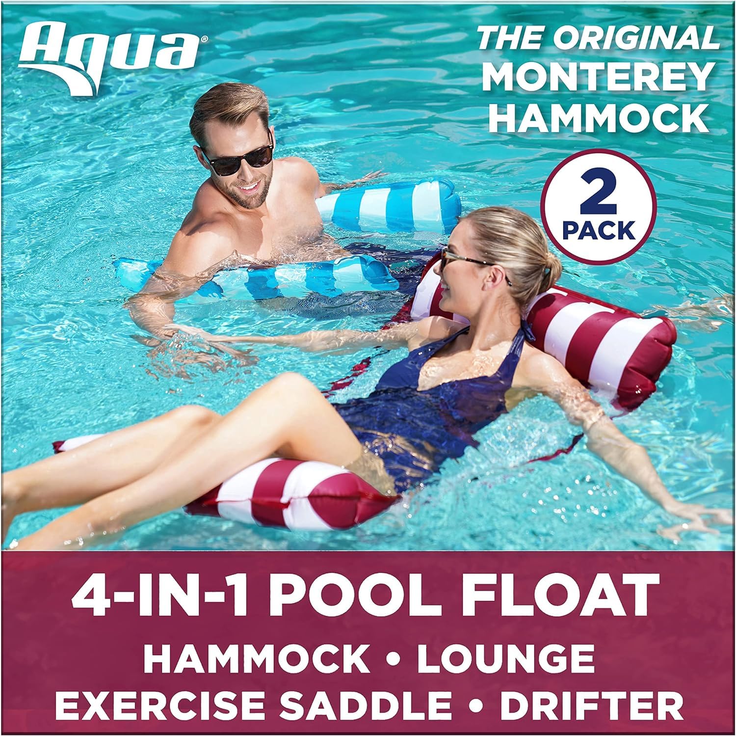 Aqua Monterey Hammock Pool Float - Two Pack - One Light Blue & One Burgundy/White Stripe, 2-Pack