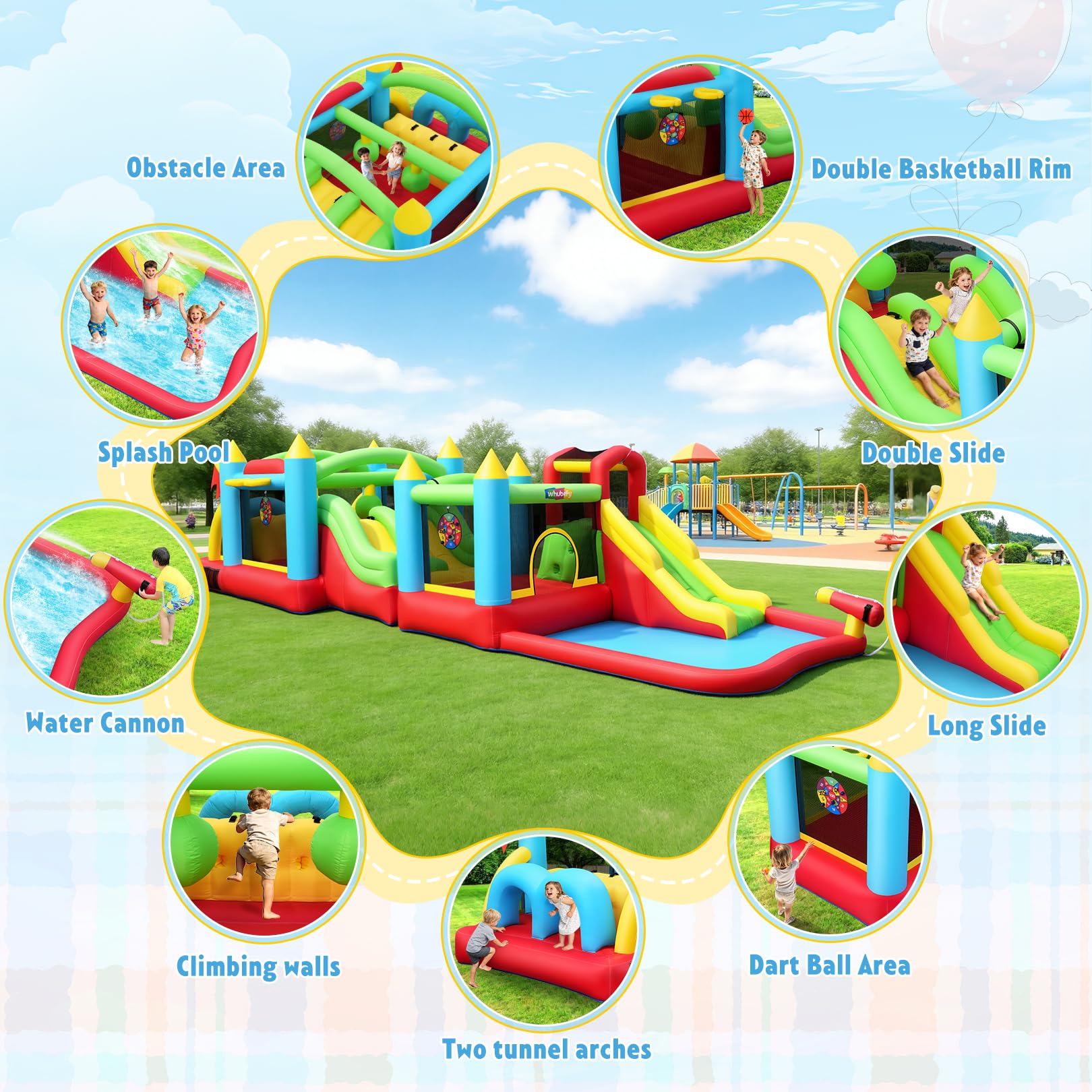 Castello gonfiabile per bambini con scivolo d'acqua da 3 a 12 anni, set combinato gonfiabile per ostacoli e scivolo d'acqua, castello gonfiabile per interni ed esterni (combo gonfiabile collegabile)