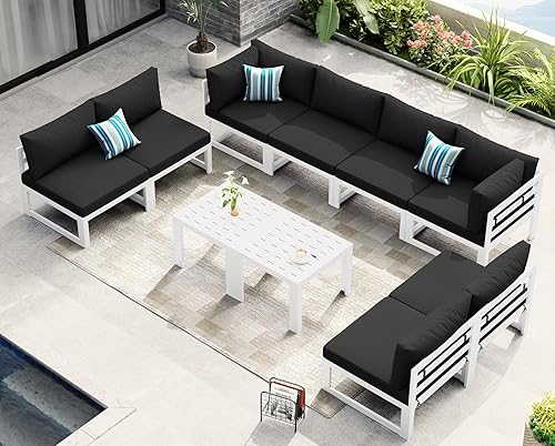 Miniatura 119 de NICESOUL 7 Piece White Powder-Coated Aluminum Patio Furniture with Fire Pit Table, 29 Inch Extra Wide Outdoor Sectional Sofa for 6, High-End Heavy