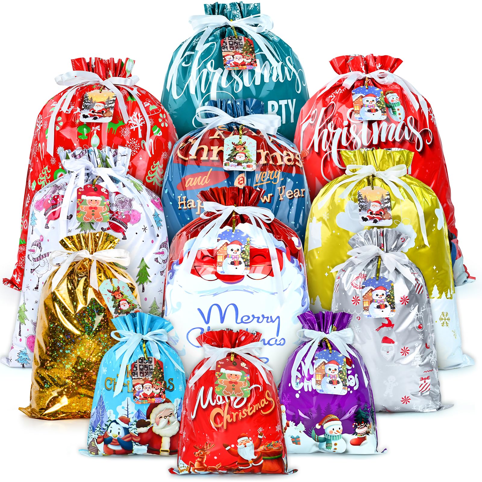 20 Pcs Christmas Drawstring Gift Bags, Assorted Sizes with More Large Bag. | 14 Styles Colorful Xmas gifts Bags with 20 Cards for Gifts Holiday Present Wrapping Xmas Decor