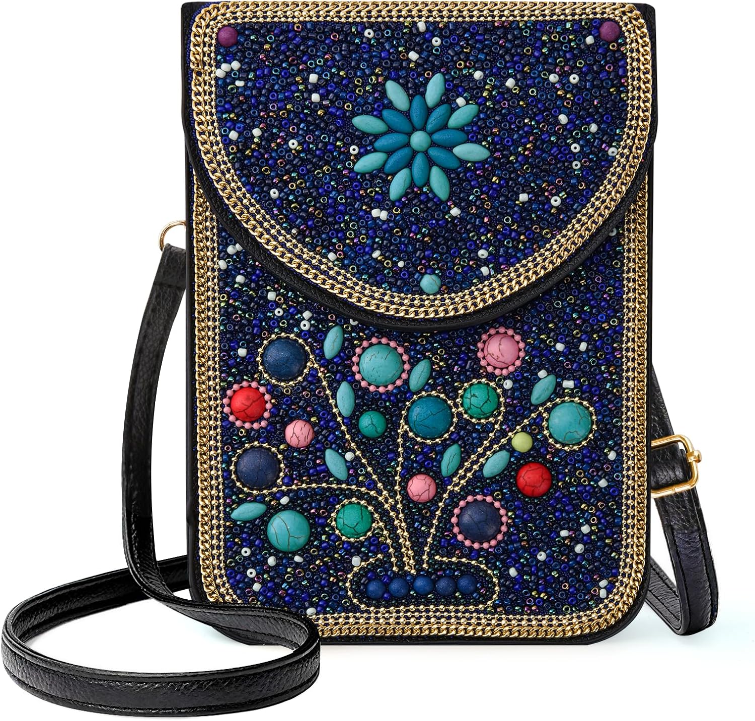 Small Beaded Crossbody Bag for Women, Boho Cell Phone Shoulder Purse Wallet with Handcrafted Colorful Beads