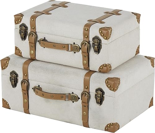 Deco 79 Baúl decorativo de madera vintage cajas grandes decorativas con detalles de cuero marrón y pestillos de bronce, juego de 2 baúles de