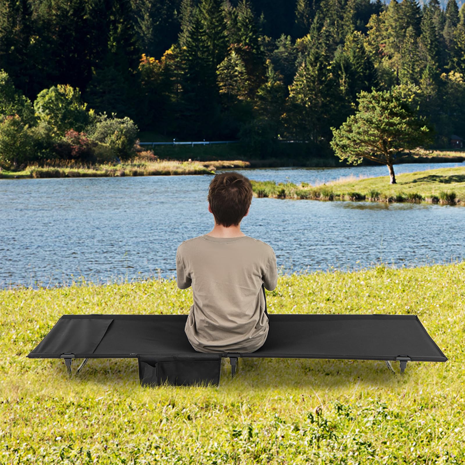 FANTASK Lettino da campeggio con tasca laterale per campeggio, viaggi, spiaggia, letto pieghevole portatile, portata 150 kg, 193 x 70 cm