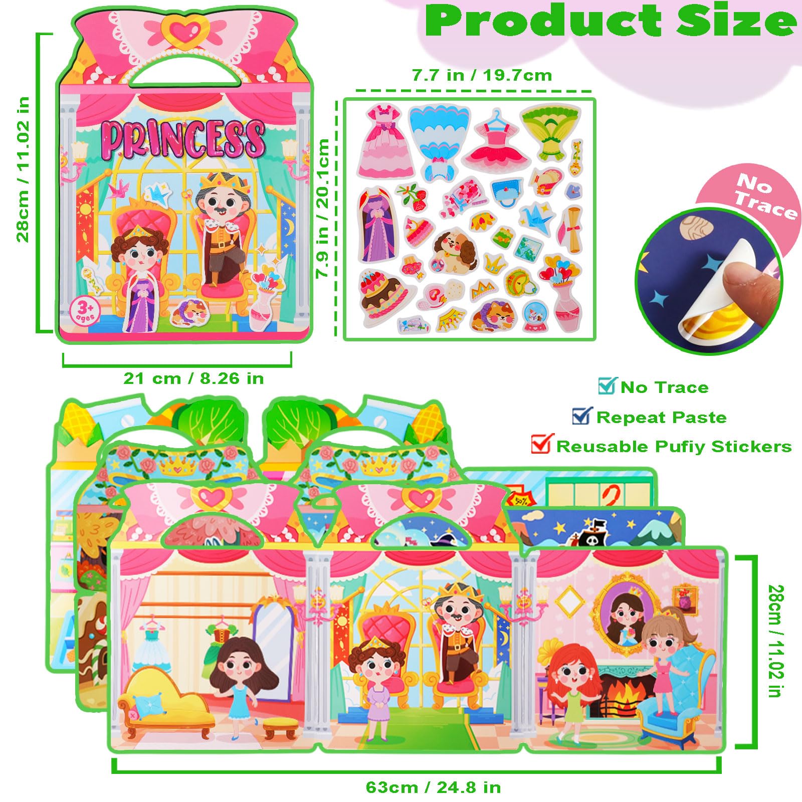 3 Pack Sticker Books,Reusable Sticker Book for 3+ Years Old Plane Activities for Toddlers Boys and Girls (Shopping+Princess+Fairy Tale) - Image 2