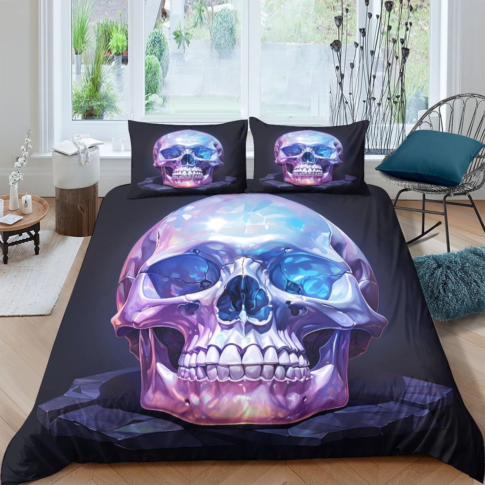 Ctjqhvkz Style-8 3D Printed Purple Skull Fitted Sheet Microfiber Black Gothic Bed Cover Cosmic Skeleton Mattress Protector For Bedroom Decor Single（135X200cm）