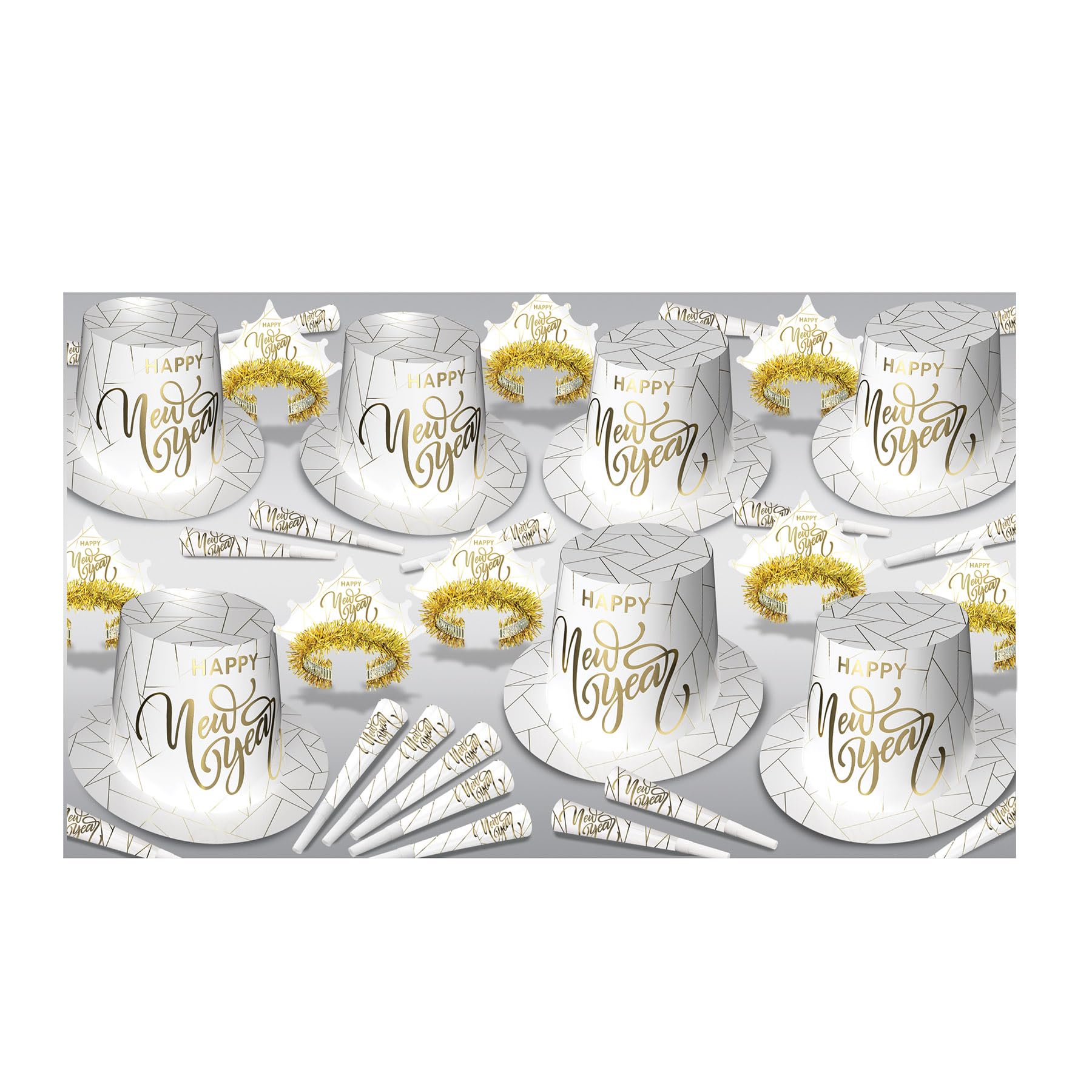 Beistle 50-Person New Year’s Eve Party Pack, White & Gold NYE Tophats, Feathered Tiaras, Necklaces, & Horns, New Years Decor, Celebration Assortments