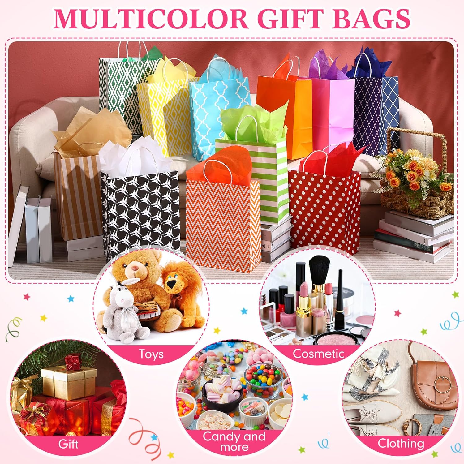 Kolldenn 24 Pcs Birthday Gift Paper Bags with 48 Tissues Papers 12" Large Assorted Gift Bags Bulk with Handles for Valentine Birthday Shopping