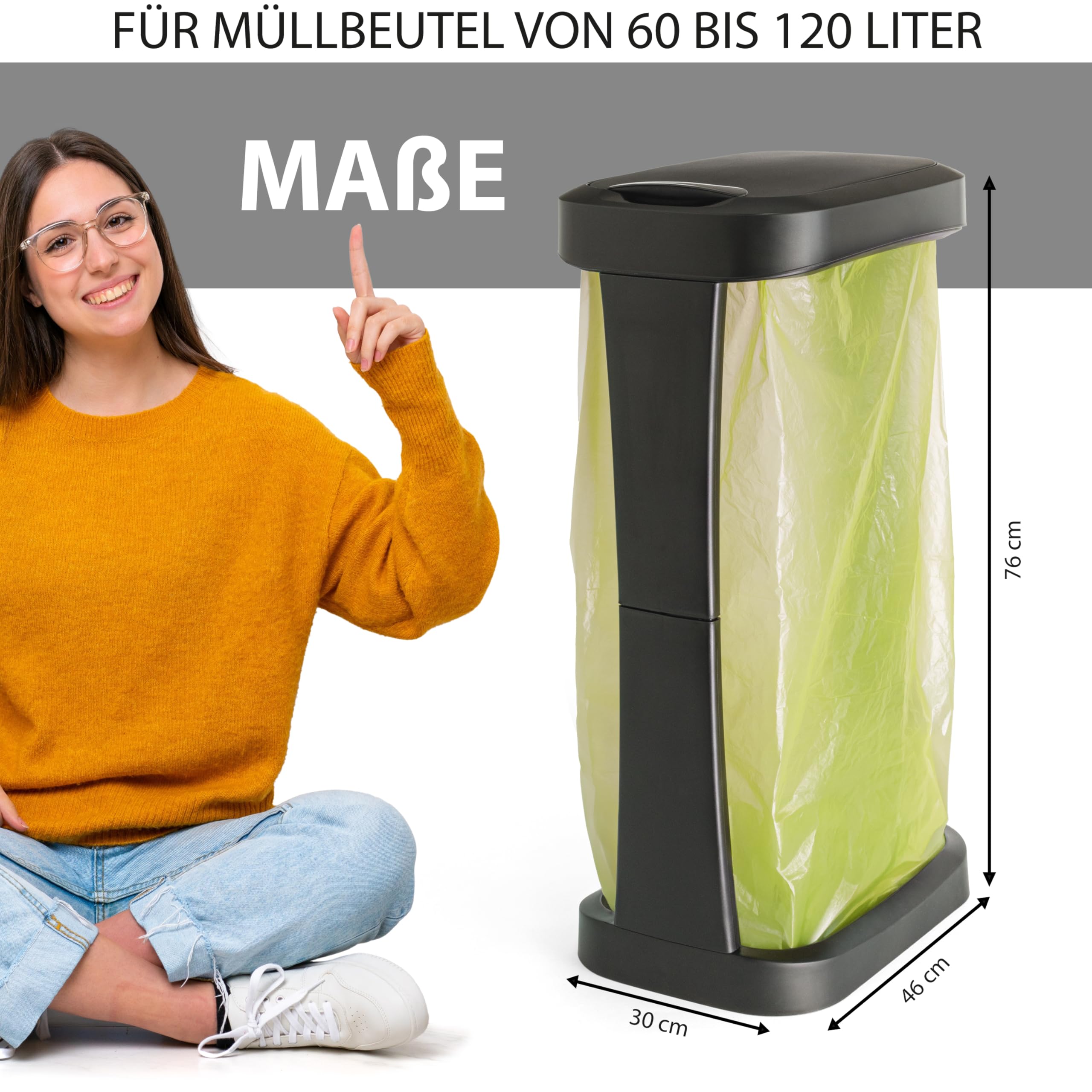 Hausfelder Müllsackständer Set, 3er Set, 60 l, Schwarz | 3er Set, 60 l, für Camping, mit Deckel, Müllsackständer, Gelber, fach, Müllsackhalter, geeignet, schwarz