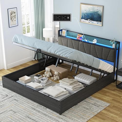 Miniatura 15 de AMERLIFE Marco de cama elevable tamaño King con tapizado de lino, luz LED y cabecera de almacenamiento, base de cama de plataforma con estación de