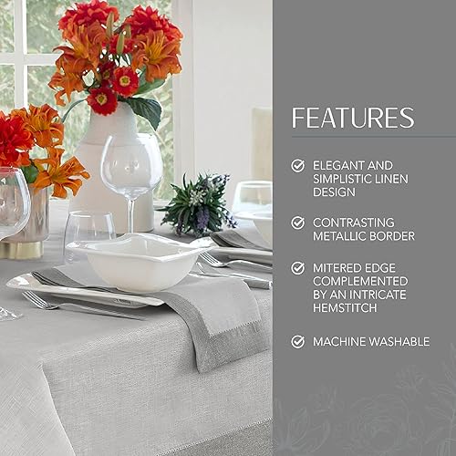 Miniatura 3 de Elrene Home Fashions Villeroy and Boch New Wave - Mantel de tela de lino con borde metálico, redondo, 90 pulgadas, blanco/plateado