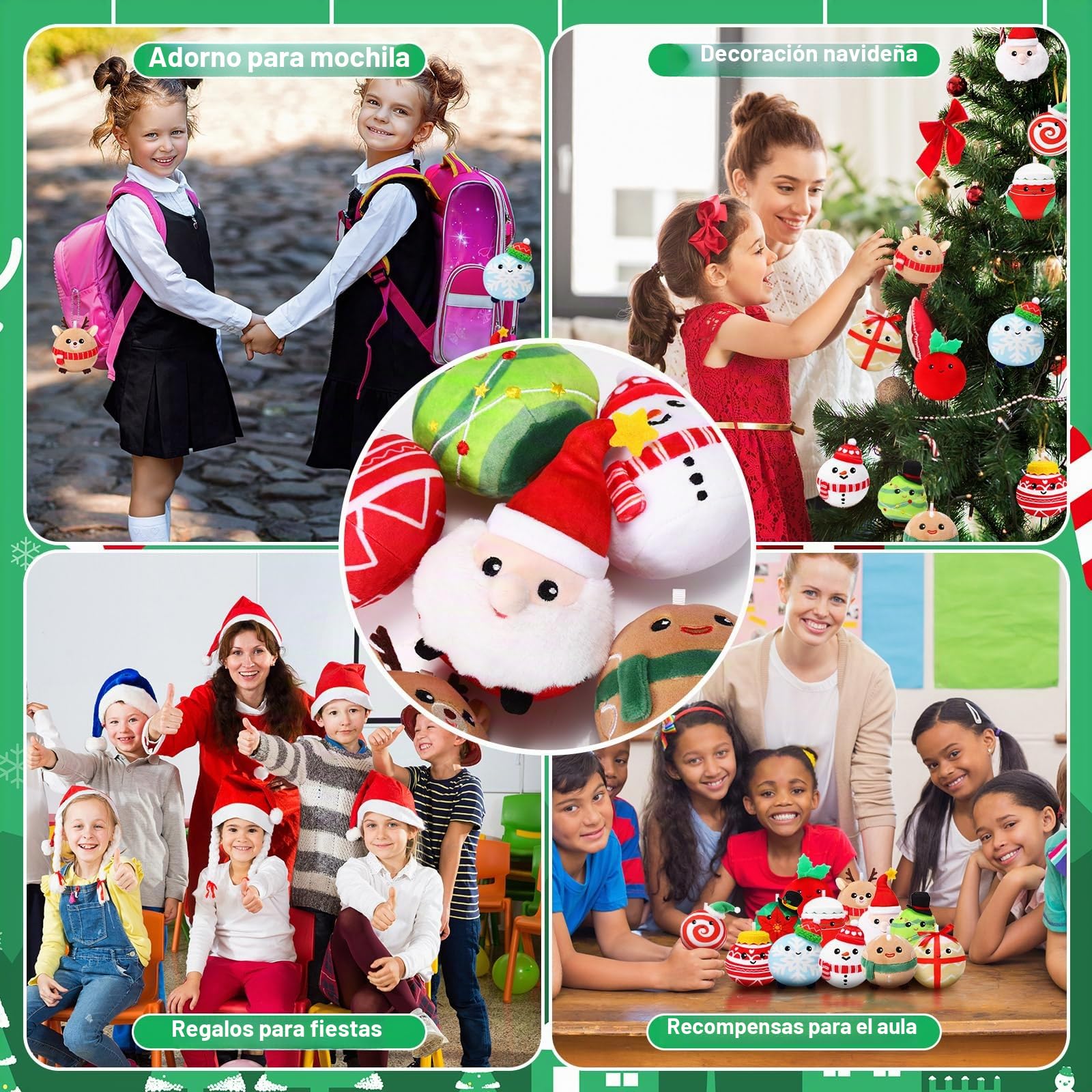 Aoriher 12 Adornos Navideños de Peluche 8 cm Juguete de Muñeco de Felpa de Papá Noel Alce Muñeco de Nieve Hombre de Jengibre Árbol de Navidad Bola de Nieve Copo de Nieve Caja de Regalo Calcetín Dulce