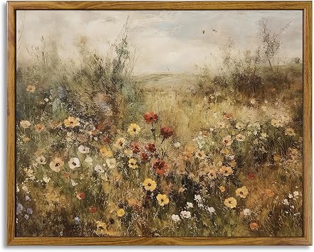 Framed Canvas Wall Art Vintage Decor, Vintage Painting Wall Art Prints, Landscape Wall Art for Living Room Decor Bedroom Home Bathroom Wall Decor Wildflower Meadow at Dusk