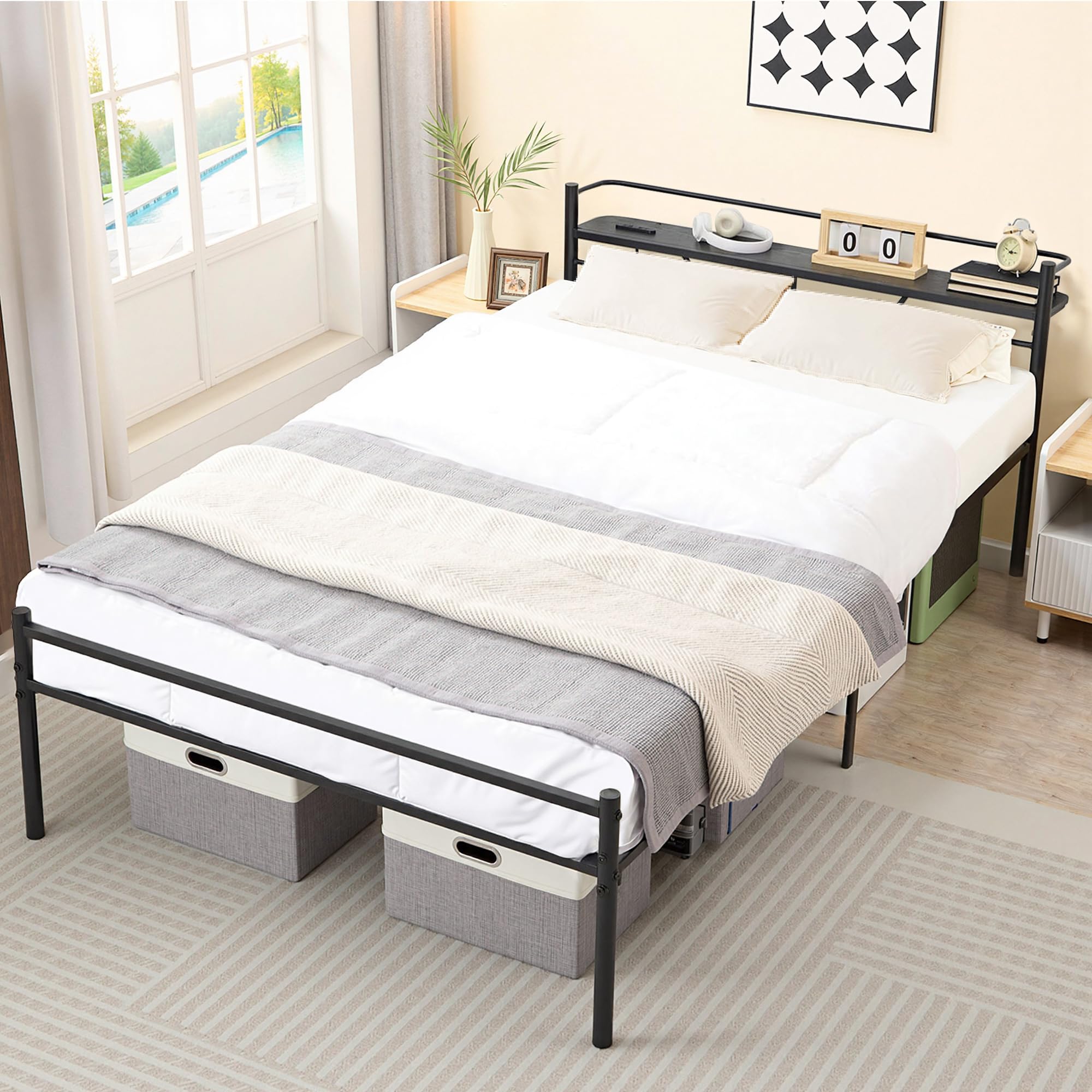VECELO ベッドフレーム セミダブル ブラック 宮棚付き 2口コンセント付き Amazon｜VECELO ベッド ベッドフレーム セミダブル 宮棚付き 2口