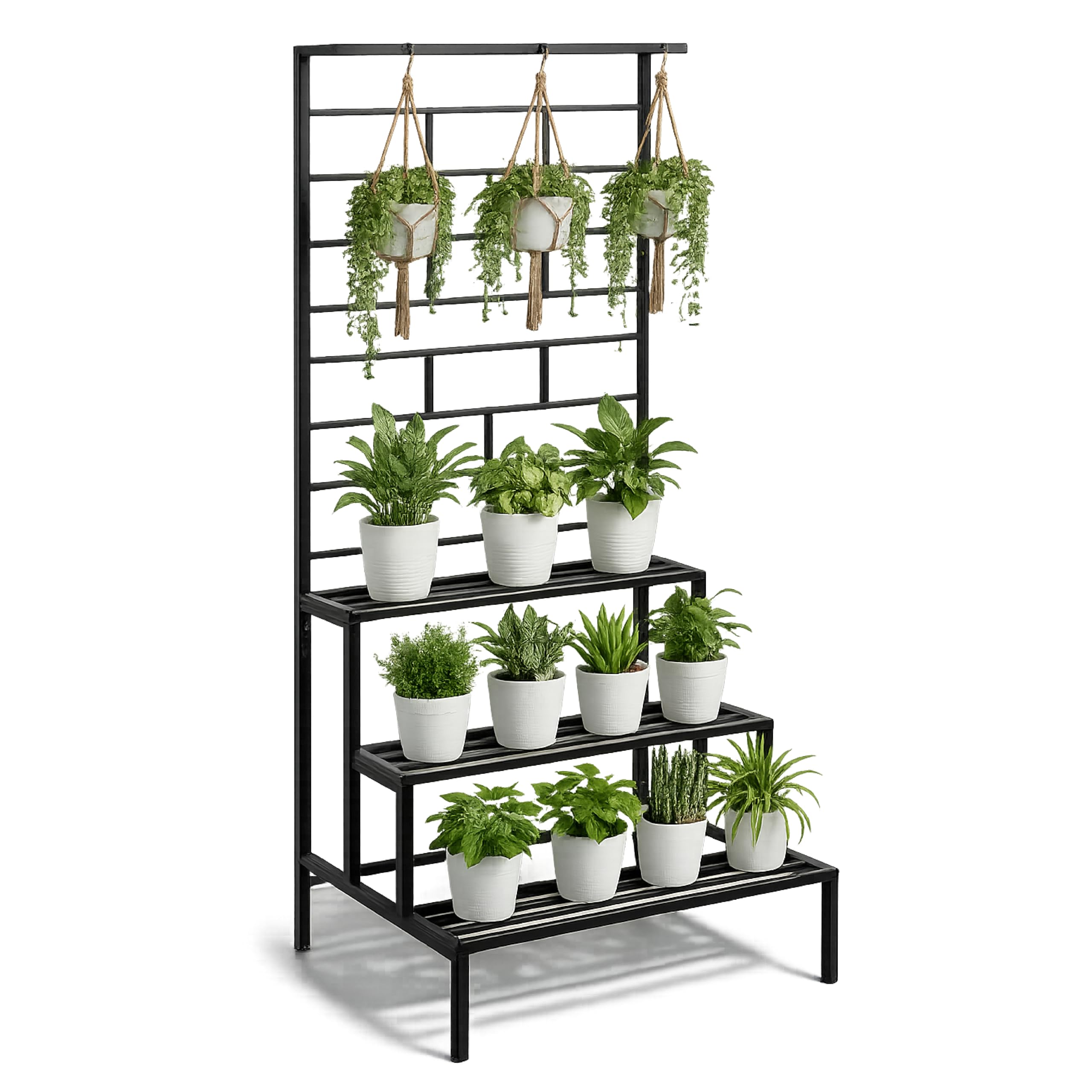 Robustt 4 Tier Metal Plant Stand with Trellis & Hanging Rod | Black | 150 x 29.5 cm | Heavy Duty, Rust-Resistant Plant Rack for Indoor Living Room & Outdoor Balcony-image-26