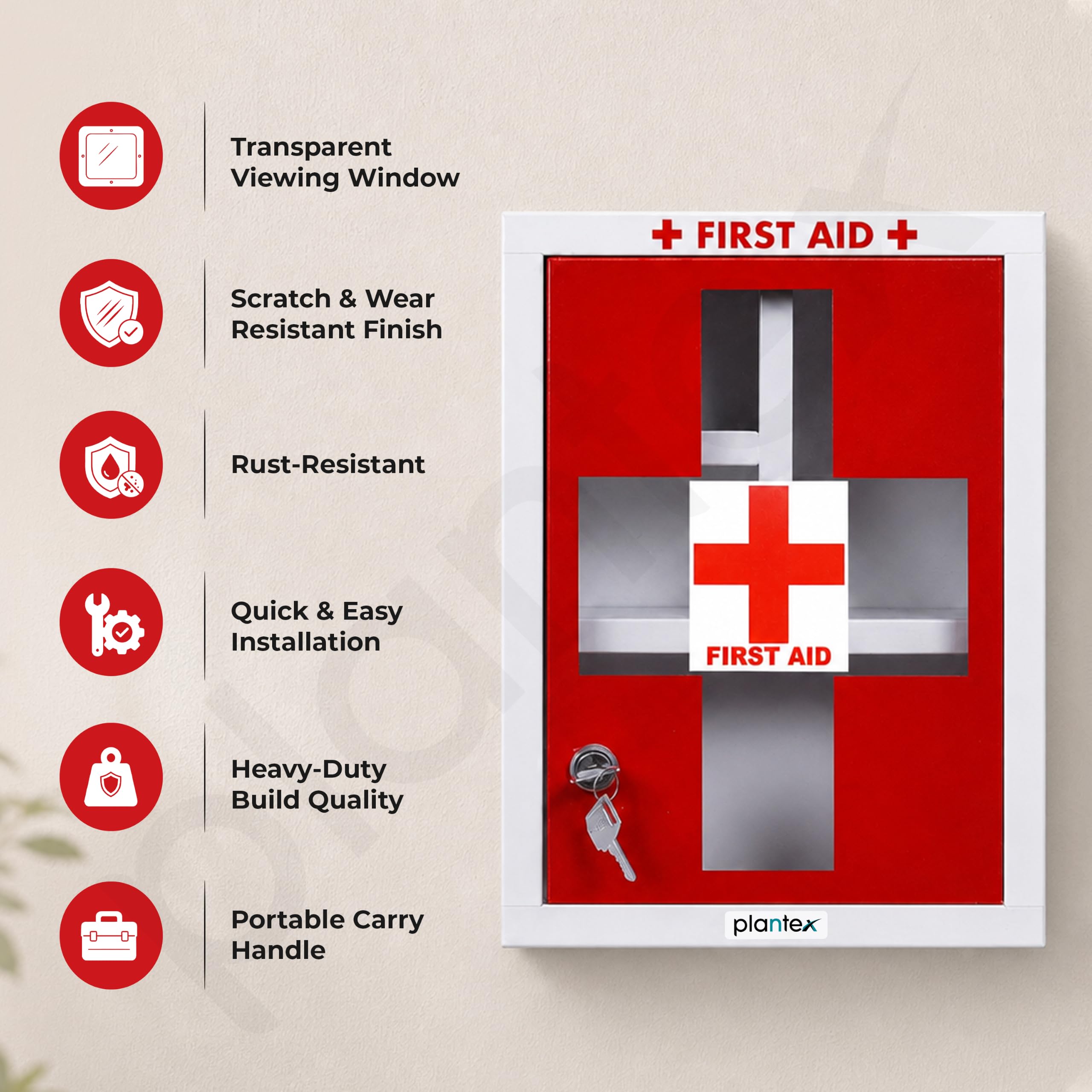 Plantex Metal Emergency First Aid Box for Home/Medical Boxes for Medicine Storage with Multi Compartments for School, Office - with Lock (Red & White) Big Size, Wall Mount 1