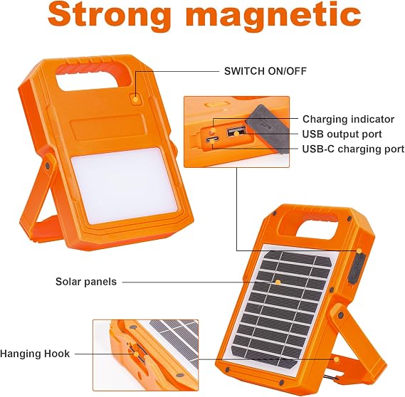 Outdoor Solar LED Work Light with Portable Handle Rechargeable, Super Bright Waterproof Flood Lights for Camping Hiking Emergency Car Repairing, 2000LM,Yellow, 9x6.5x1.5inch