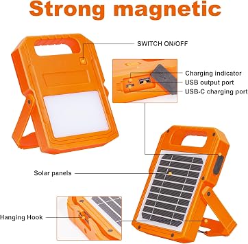 Outdoor Solar LED Work Light with Portable Handle Rechargeable, Super Bright Waterproof Flood Lights for Camping Hiking Emergency Car Repairing, 2000LM,Yellow, 9x6.5x1.5inch