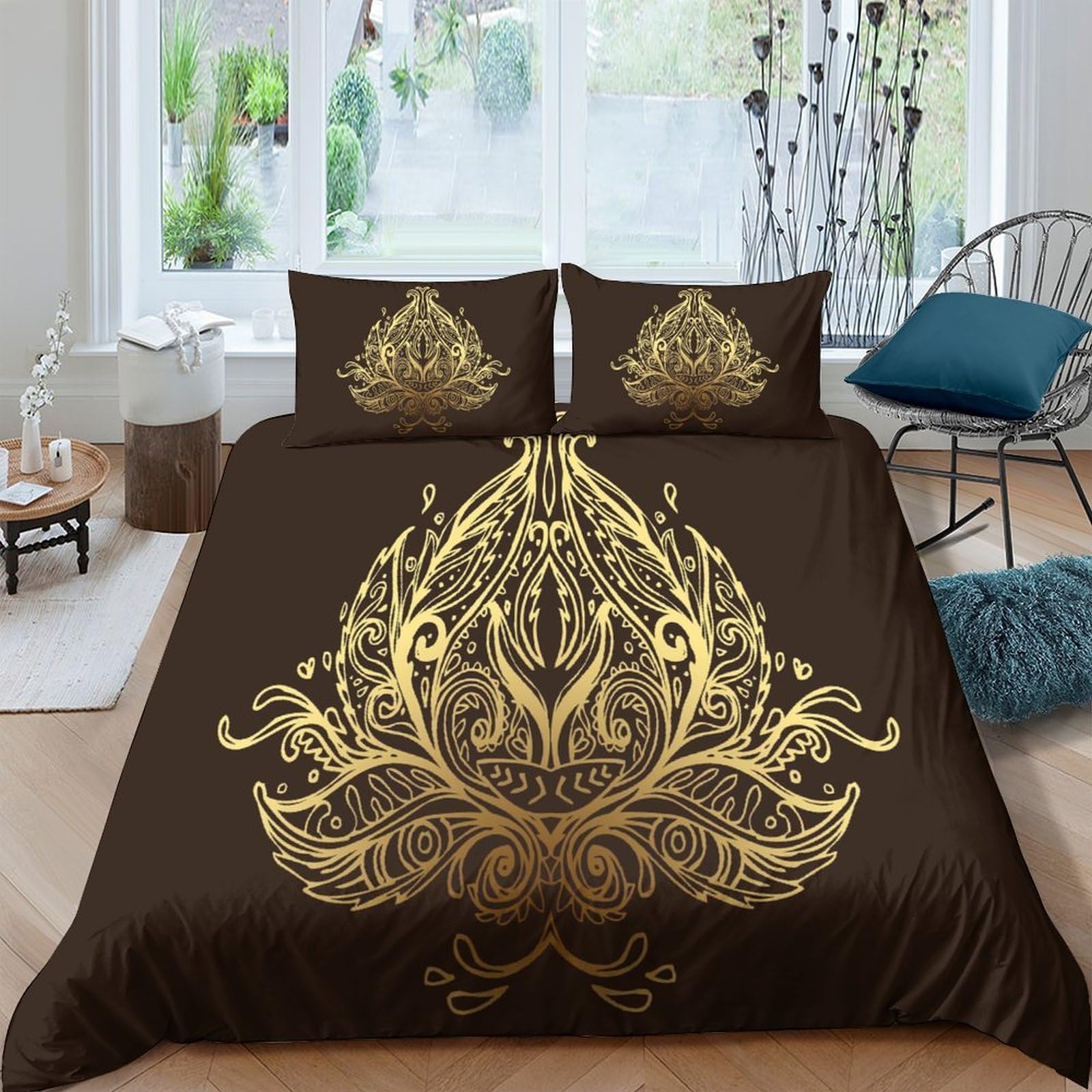Ctjqhvkz Style-5 3D Printed Golden Mandala Fitted Sheet Microfiber Brown Lotus Mattress Cover Anti-Slip Washable Bedroom Decor For Home Guest Room Single（135X200cm）
