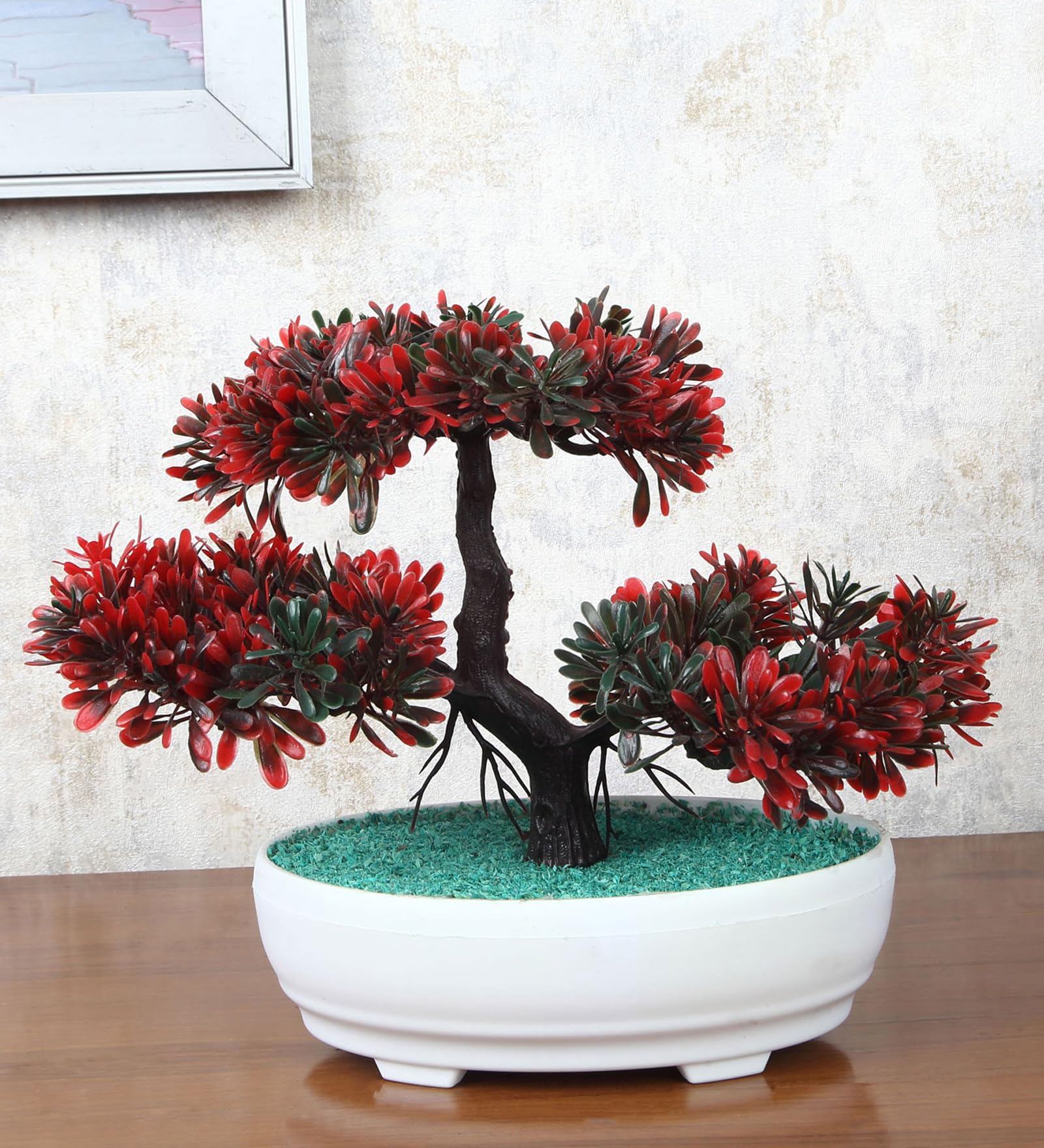 FOLIYAJ Artificial Bonsai Tree with Bud Shaped Red Leaves with Pot| Artificial Bonsai Oak Tree|Indoor Bonsai Tree Plant | Bonsai Tree for Office Desk