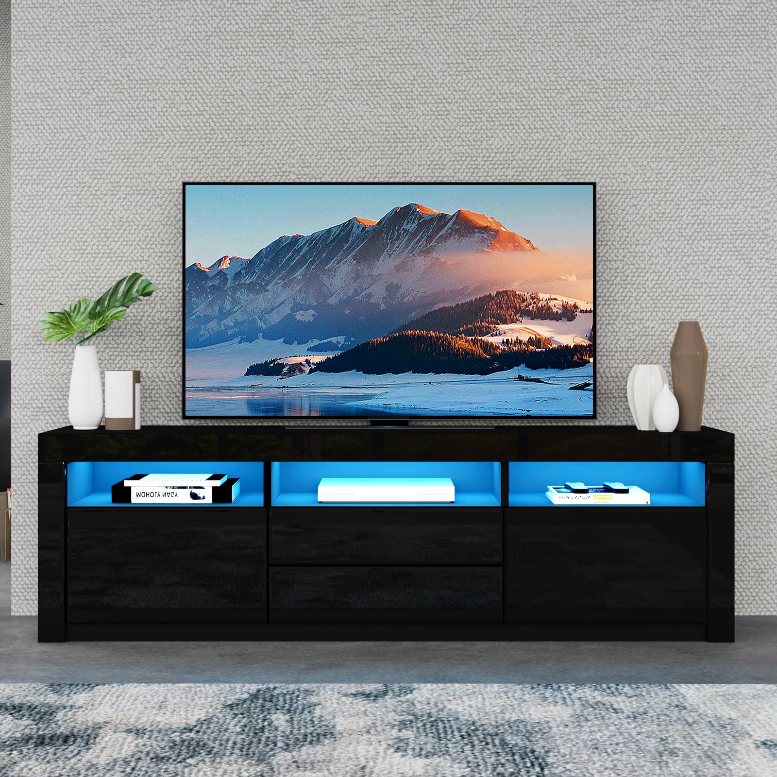 Senvoziii Black Gloss TV Stand, Modern TV Entertainment Unit with LED Lights, 160x35x60cm, Living Room, 3 Shelves, 2 Drawers, 2 Doors, 80kg Weight Capacity