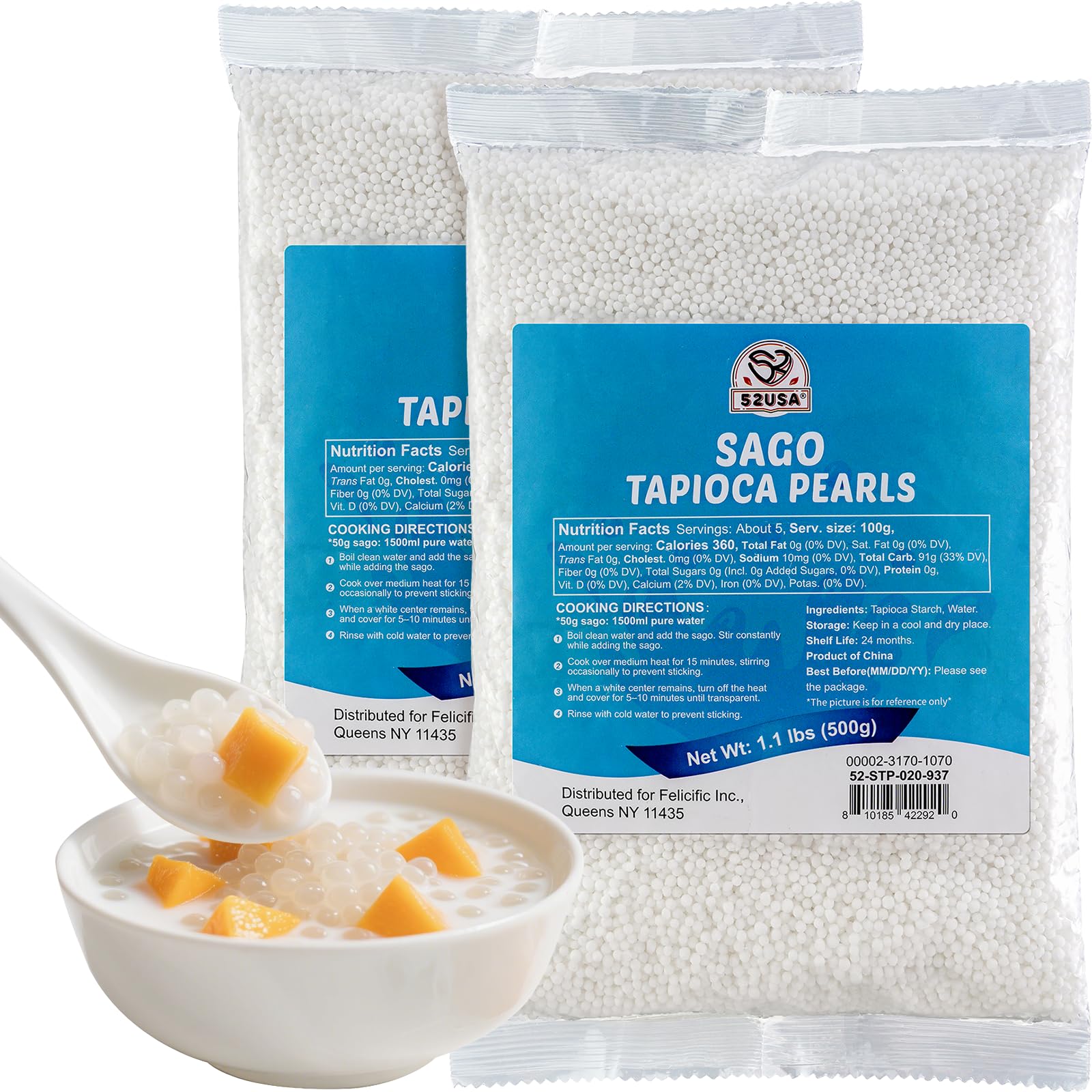 52USA Sago Pearls, Small Tapioca Pearls 1.1 lbs (Pack of 2), White Sago for Desserts and Bubble Milk Tea, All Natural, Vegan, Non-GMO, Gluten-Free