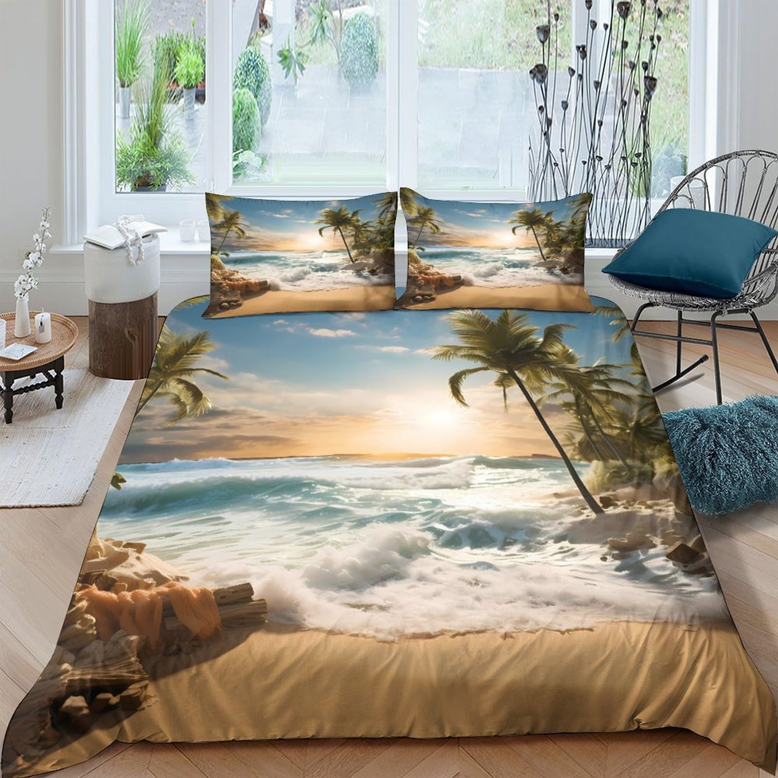 GPLZQXKJNH 3D Printed Beach Sunset Duvet Cover Microfiber Soft Breathable Ocean Palm Bedding Set with 2 Pillowcases for Bedroom Decor Single（135x200cm）