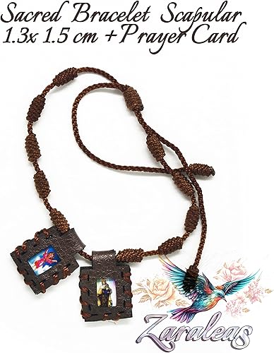 Miniatura 3 de Pulsera Sagrada Escapularia Católica de Cuero Marrón Hecho a Mano del Sagrado Corazón de Jesús, Sagrada Virgen del Carmen, Sagrada Virgen de