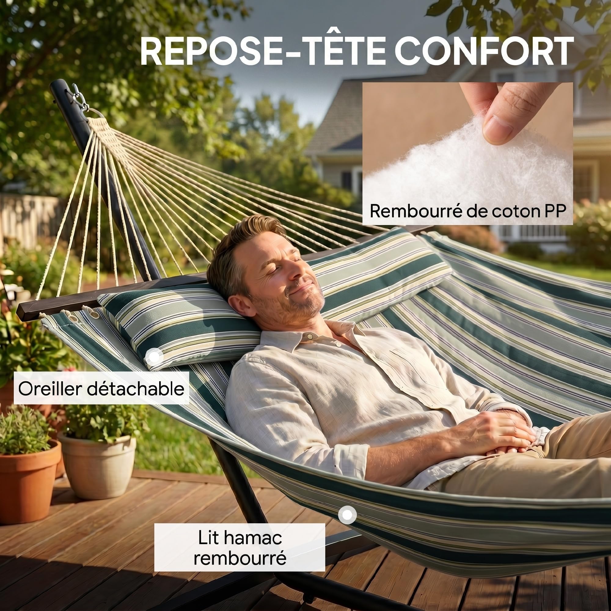 Outsunny Hamac sur Pied 353 cm, hamac avec Support Acier avec Coussin Amovible et Barres d'écartement, pour intérieur et extérieur, lit de Sieste rayé, Vert