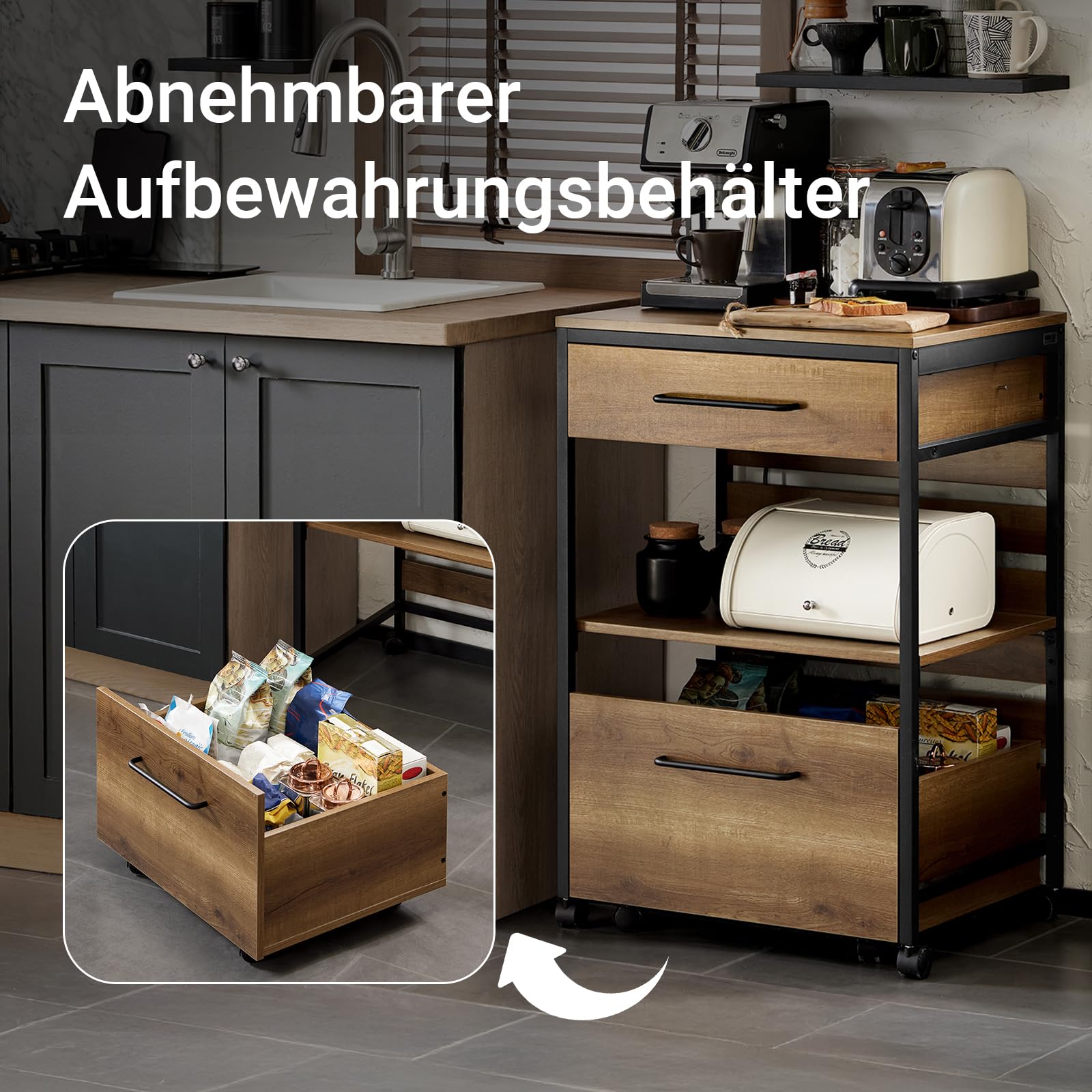 SoBuy Küchenwagen auf Rollen mit Herausnehmbarer Aufbewahrungstruhe – Servierwagen & Küchenregal mit Rollen im Vintage-Stil, Rollwagen & Barwagen für Küche & Wohnzimmer, BHT ca. 60x90x45 cm FKW118-PF