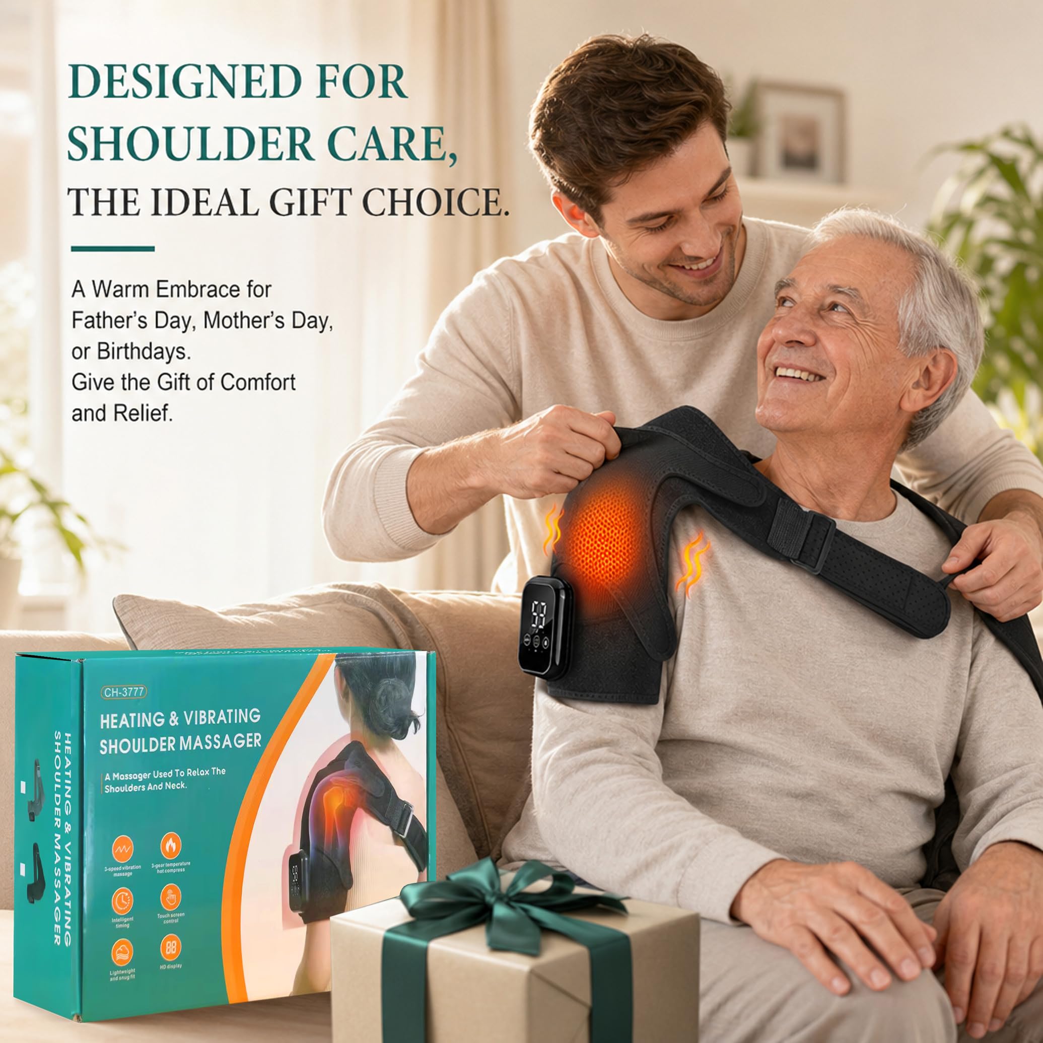 Schultermassagegerät Triple, Nacken Schulter Massagegerät Gerät mit Vibration & Wärme, 5000mAh Schulterbandage Schultergurt Muttertagsgeschenk Vatertagsgeschenk für Zuhause Büro