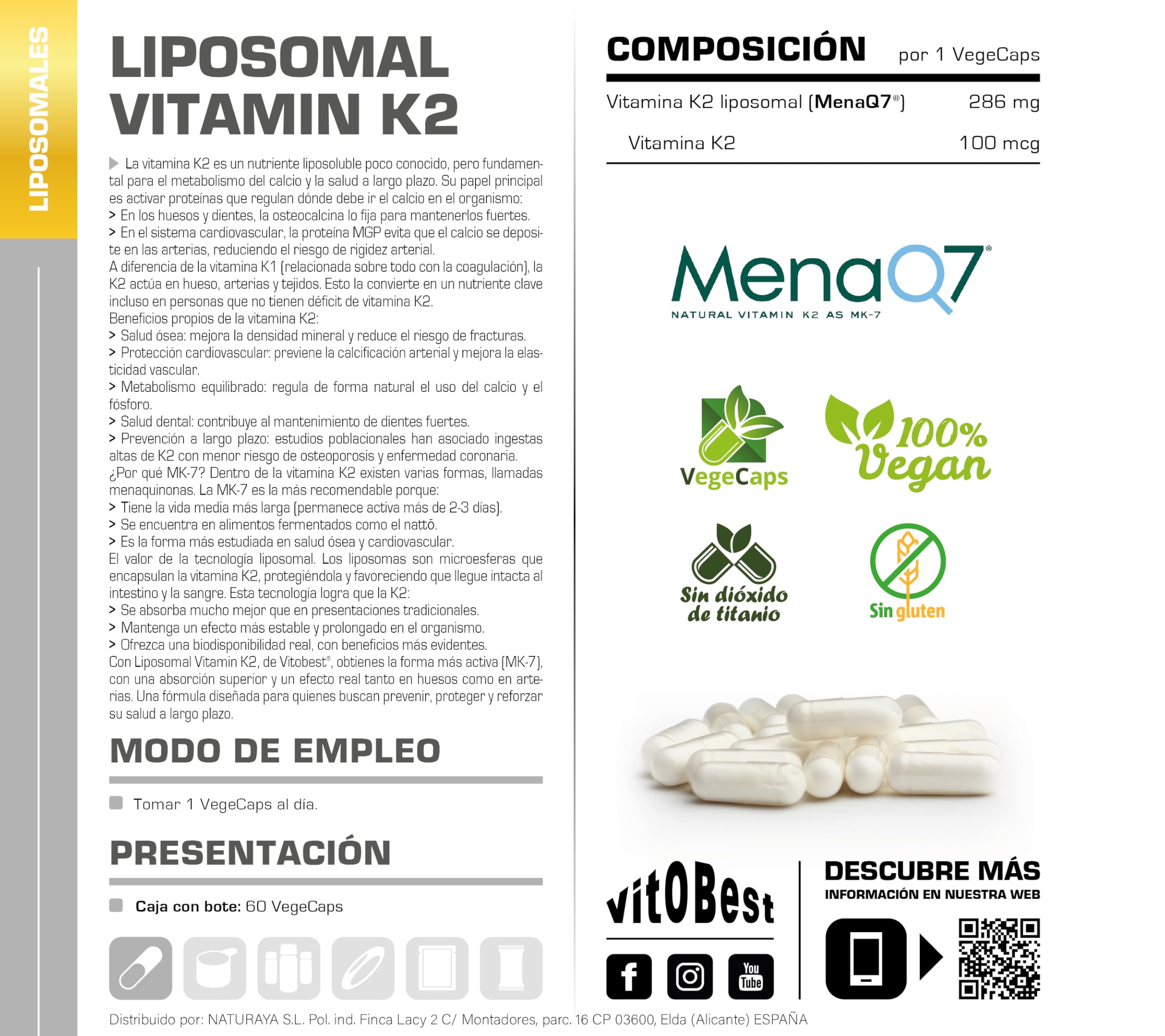 VITOBEST | Liposomal Vitamin K2 | Contribuye a la coagulación normal de la sangre y al mantenimiento de los huesos | Vitamina K2 (MK-7) liposomal 100 mcg por cápsula | 60 VegeCaps