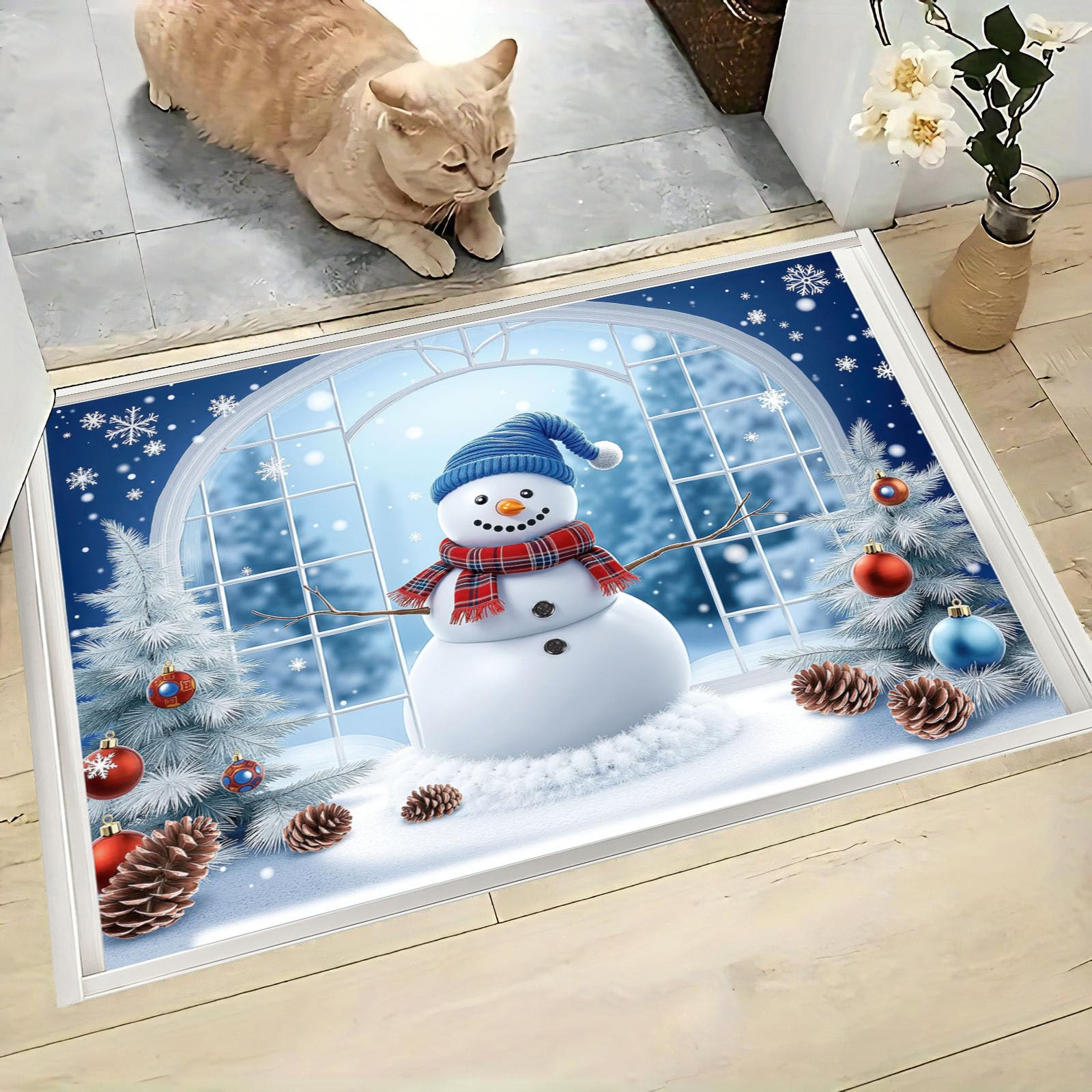 Muñeco Nieve Navideño Árbol Navidad Alfombras Antideslizante, Dibujos Animados Navideños Felpudo para Salón Dormitorio Hogar & Sala de Juegos, Azul Alfombra para Decoración Hogareña, 80 x 120 cm