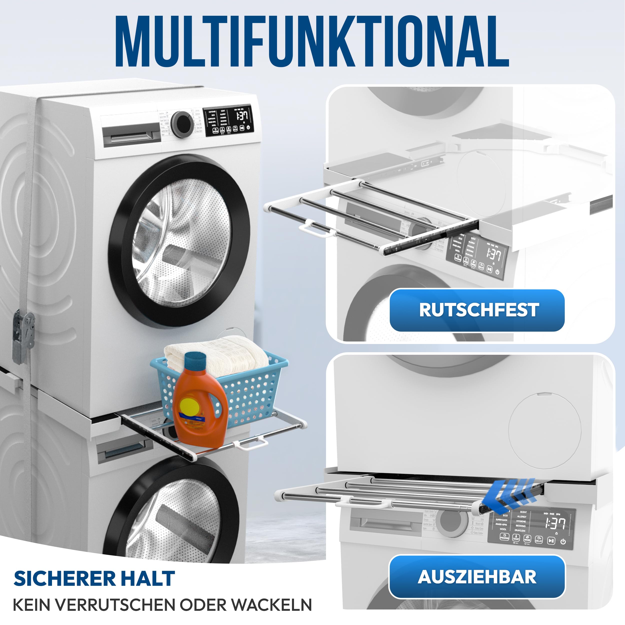 Zwischenbaurahmen mit Wäscheleine, verbindungsrahmen waschmaschine trockner universal - Einstellbare Größe -Verbindungsrahmen Zwischenbausatz mit ausziehbarer Handtuchhalter