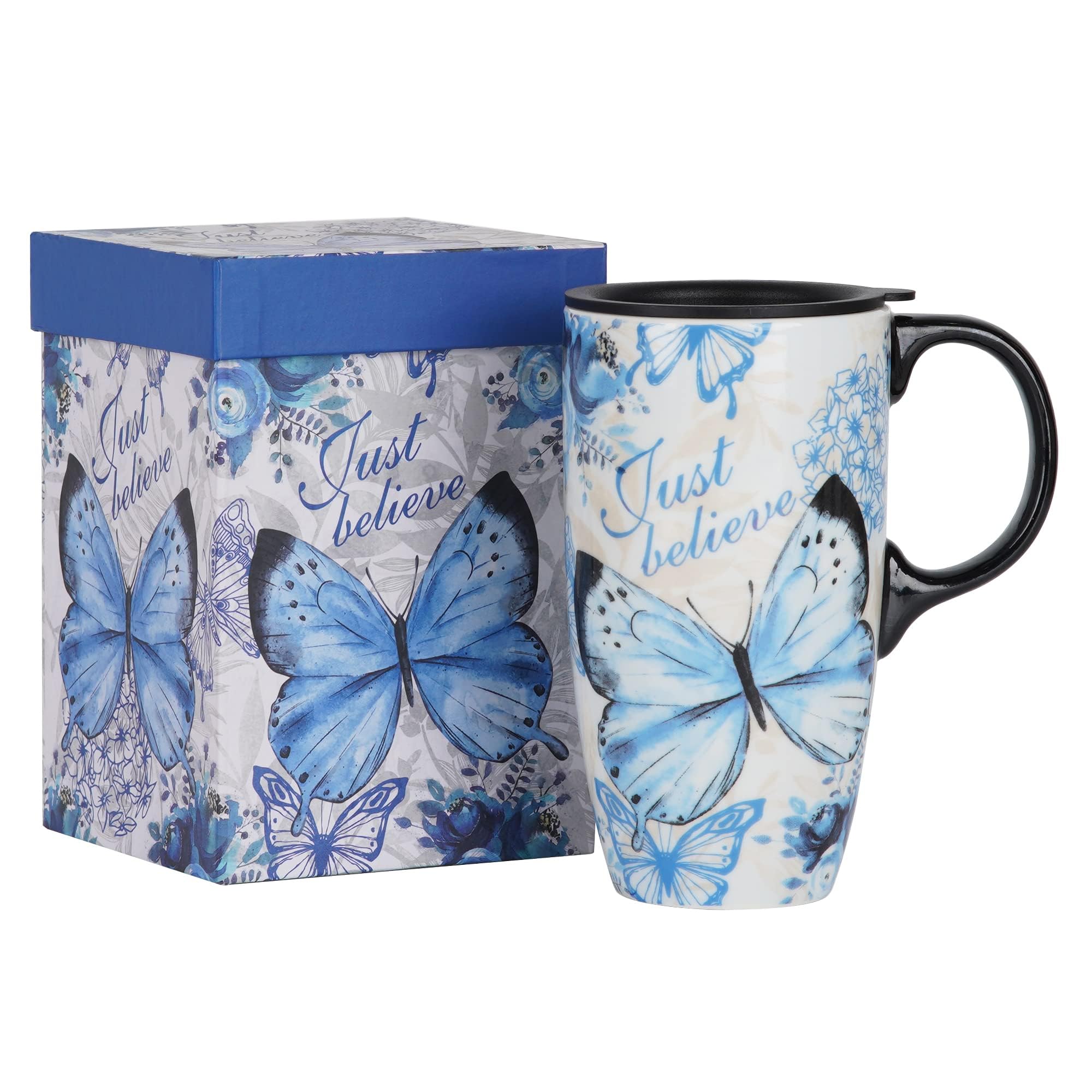 Topadorn Ceramic Mug with Lid and Gift Box Latte Mug Coffee Cup,17oz.Blue Butterfly