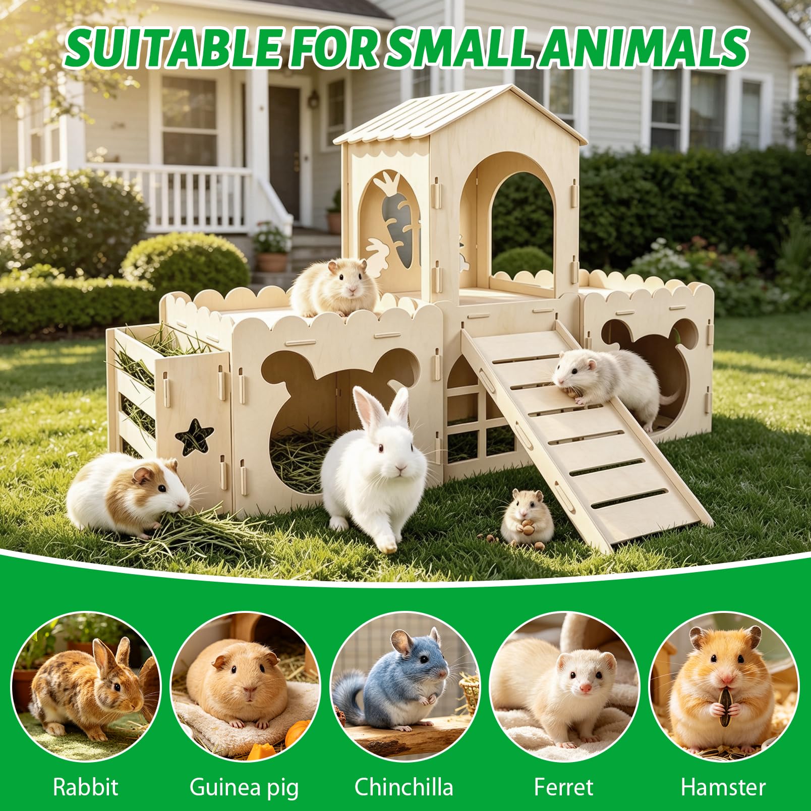 Maison château pour Lapins avec Rampe, Abri en Bois pour Lapins, Ventilée | Convient aux lapins, furets, cochons d'Inde et hamsters, Maisonnette d'intérieur amovible pour lapins