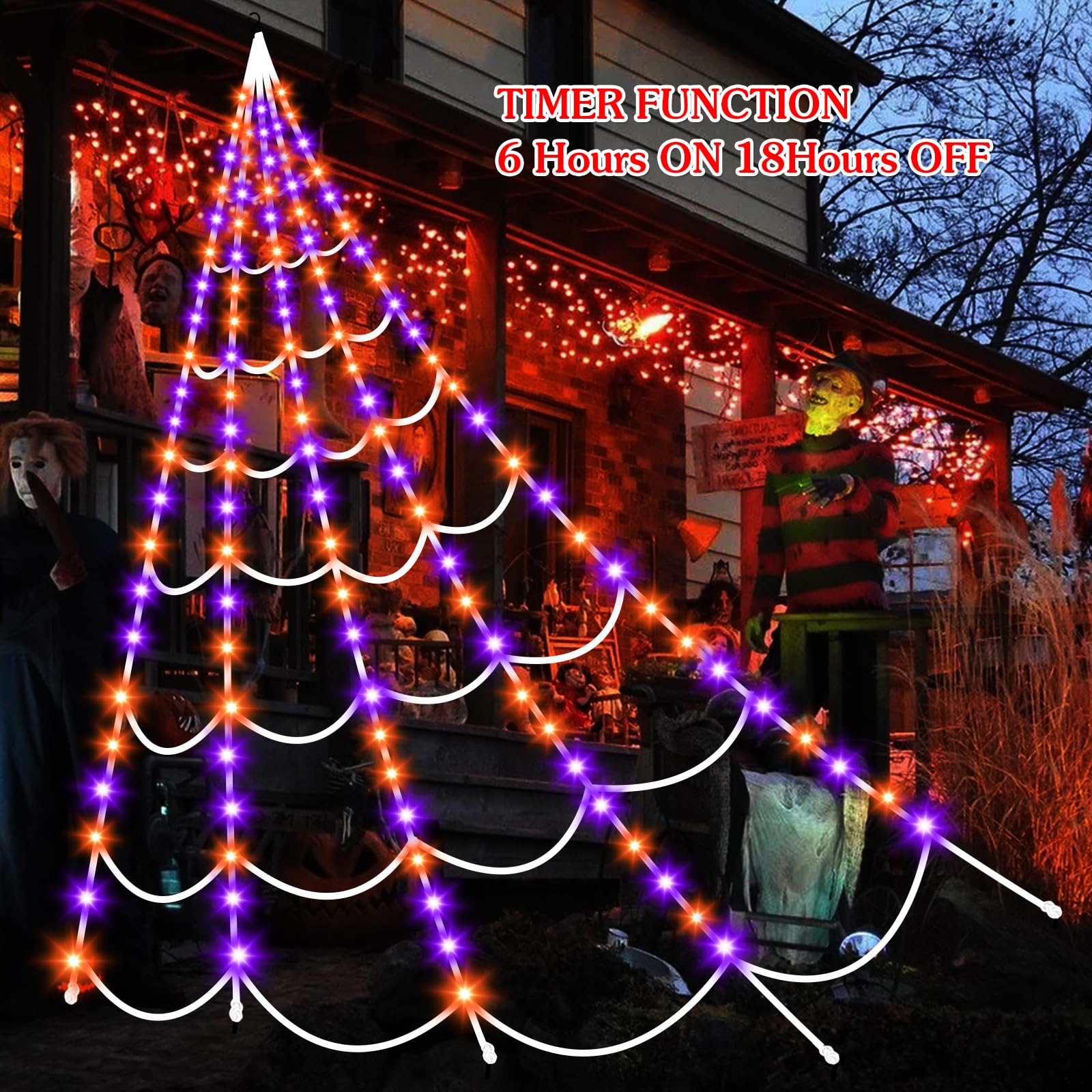 Dekoracje na Halloween: 200 fioletowych i pomarańczowych diod LED na Halloween do dekoracji na zewnątrz, gigantyczna pajęczyna 5 m z 8 trybami oświetlenia, wodoodporna i