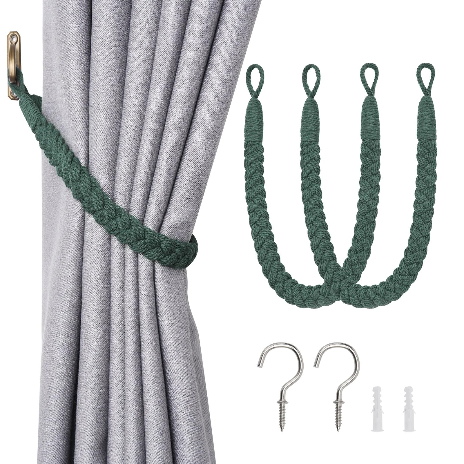 Pretty Jolly 2 Pack Natural Cotton Rope Curtain Tiebacks Elegant Boho Style Decorative Drape Tie Backs Soft Hand-Woven Rope Curtain Holdbacks with Metal Hook for Home & Office Drapery (Dark Green)