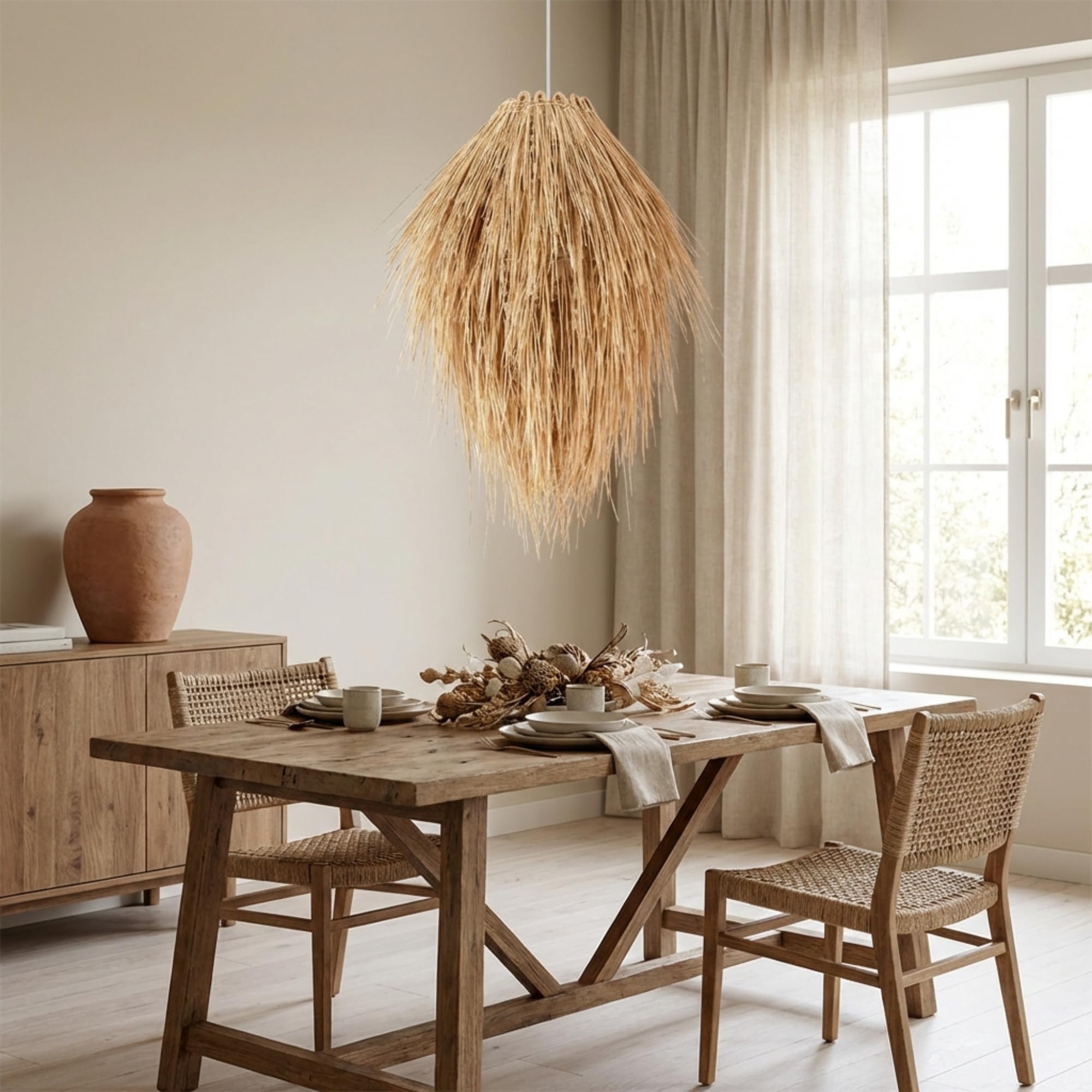 B·LED BARCELONA LED Lámpara Colgante de Techo Mimbre Natural Nido Rústico Nórdico Pantalla Ratán Bambú Madera E27 para Comedor Salón Cocina