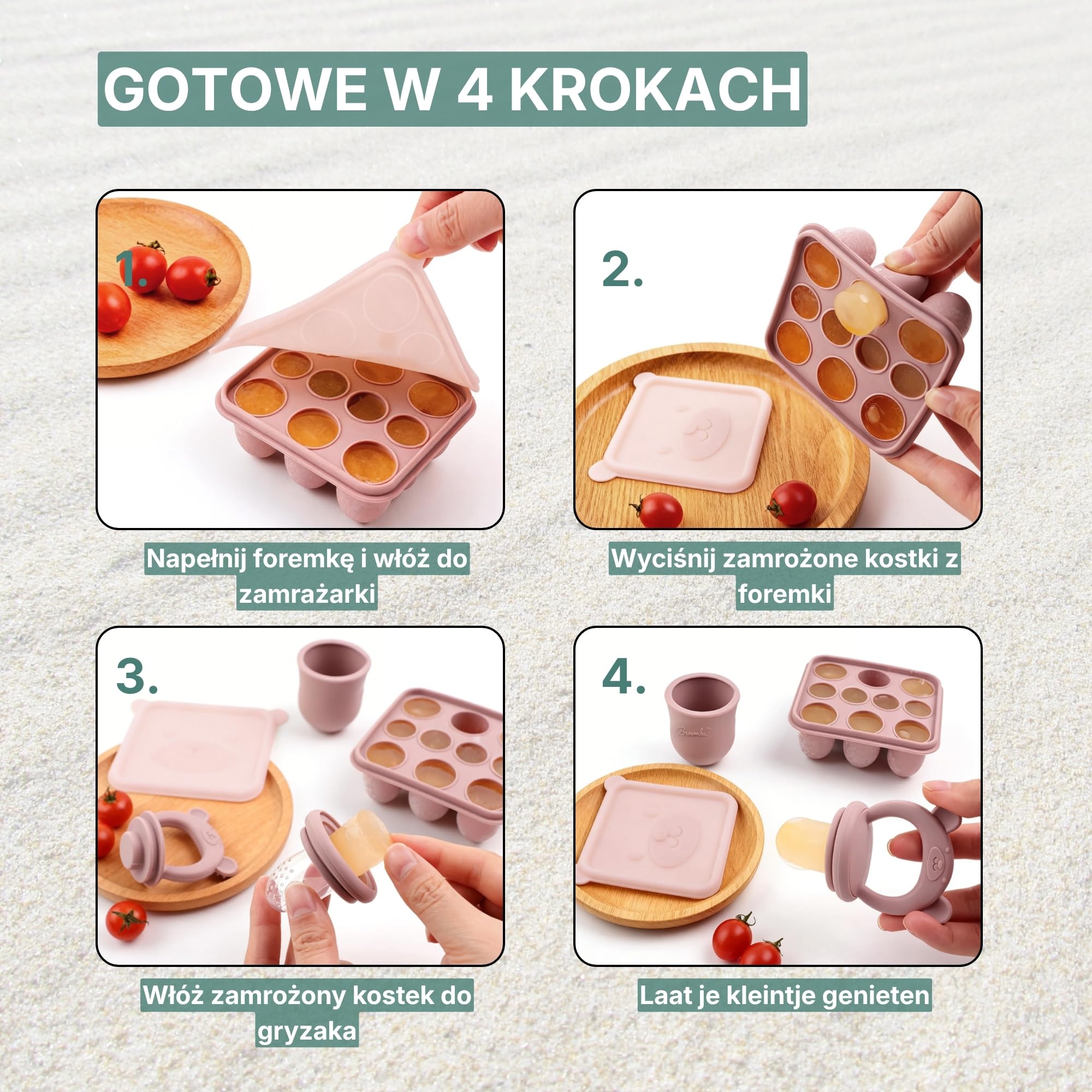 Smoczek Owocowy Dla Niemowląt 3 szt Silikon z Formą do Lodu Różowy | Gryzak do owoców z 3 nakładkami i formą do lodu. Kolor różowy. Od 6 miesięcy. Do zmywarki.