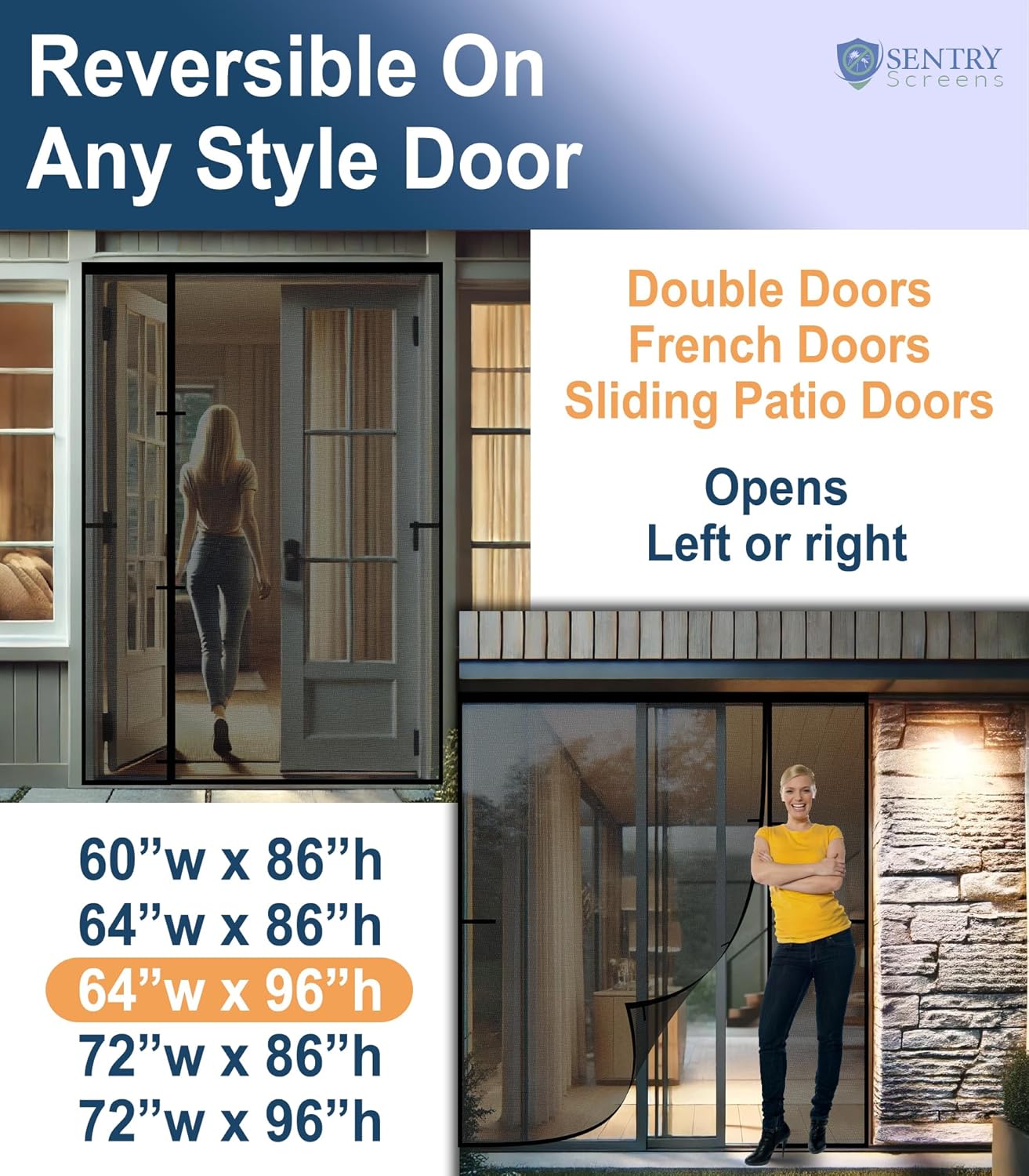 Reversible Left/Right Fiberglass Magnetic Screen Door for Sliding Door, French, or Double Door – 64w x 96h Net Screen with Magnet Closures – by Sentry Screens